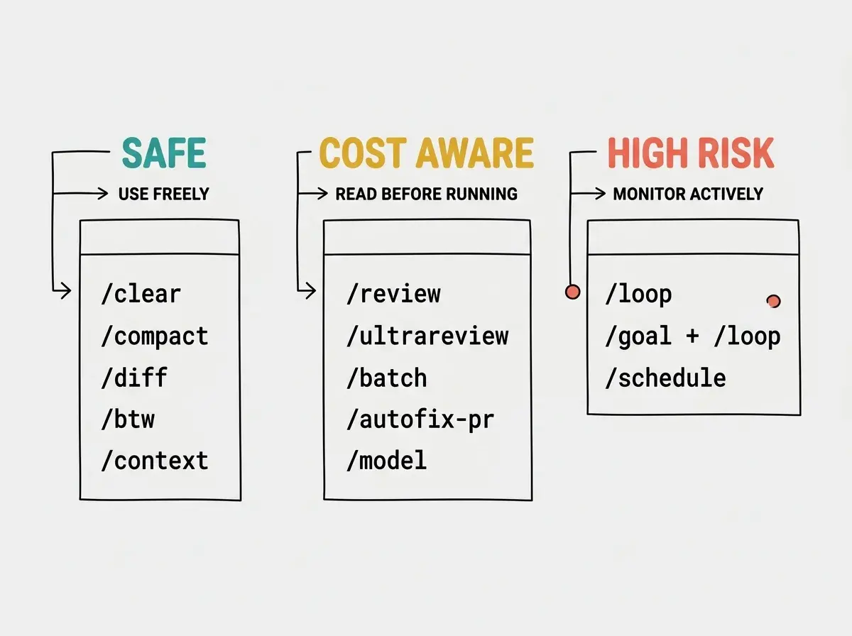 EXPLAINER DIAGRAM: Three vertical columns side by side on light gray background. Left column header SAFE in teal, listing five commands in monospace: /clear, /compact, /diff, /btw, /context. Middle column header COST AWARE in golden yellow, listing five commands: /review, /ultrareview, /batch, /autofix-pr, /model. Right column header HIGH RISK in coral red, listing three commands: /loop, /goal + /loop, /schedule. Each column has a small descriptor under the header in ALL CAPS, 2-5 words: USE FREELY, READ BEFORE RUNNING, MONITOR ACTIVELY.