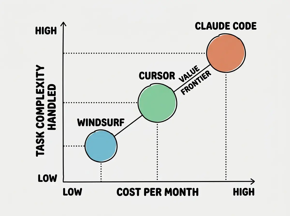 EXPLAINER DIAGRAM: A scatter plot style layout with two axes. The X axis is labeled COST PER MONTH from LOW on the left to HIGH on the right. The Y axis is labeled TASK COMPLEXITY HANDLED from LOW at the bottom to HIGH at the top. Three circles are positioned on the plot: WINDSURF as a medium circle in the bottom-left area (low cost, moderate complexity), CURSOR as a large circle in the middle area (moderate cost, moderate-high complexity), and CLAUDE CODE as a large circle in the top-right area (higher cost, highest complexity). Dotted lines from each circle to the axes show their approximate positions. A diagonal line labeled VALUE FRONTIER connects the three circles.