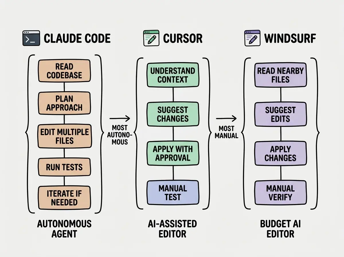 EXPLAINER DIAGRAM: Three vertical columns side by side, each representing a tool. Left column header CLAUDE CODE with a terminal icon, showing a linear flow of five connected boxes: READ CODEBASE, PLAN APPROACH, EDIT MULTIPLE FILES, RUN TESTS, ITERATE IF NEEDED, all enclosed in a large bracket labeled AUTONOMOUS AGENT. Middle column header CURSOR with an editor icon, showing four boxes: UNDERSTAND CONTEXT, SUGGEST CHANGES, APPLY WITH APPROVAL, MANUAL TEST, enclosed in a bracket labeled AI-ASSISTED EDITOR. Right column header WINDSURF with an editor icon, showing four boxes: READ NEARBY FILES, SUGGEST EDITS, APPLY CHANGES, MANUAL VERIFY, enclosed in a bracket labeled BUDGET AI EDITOR. Arrows between columns show MOST AUTONOMOUS on the left and MOST MANUAL on the right.
