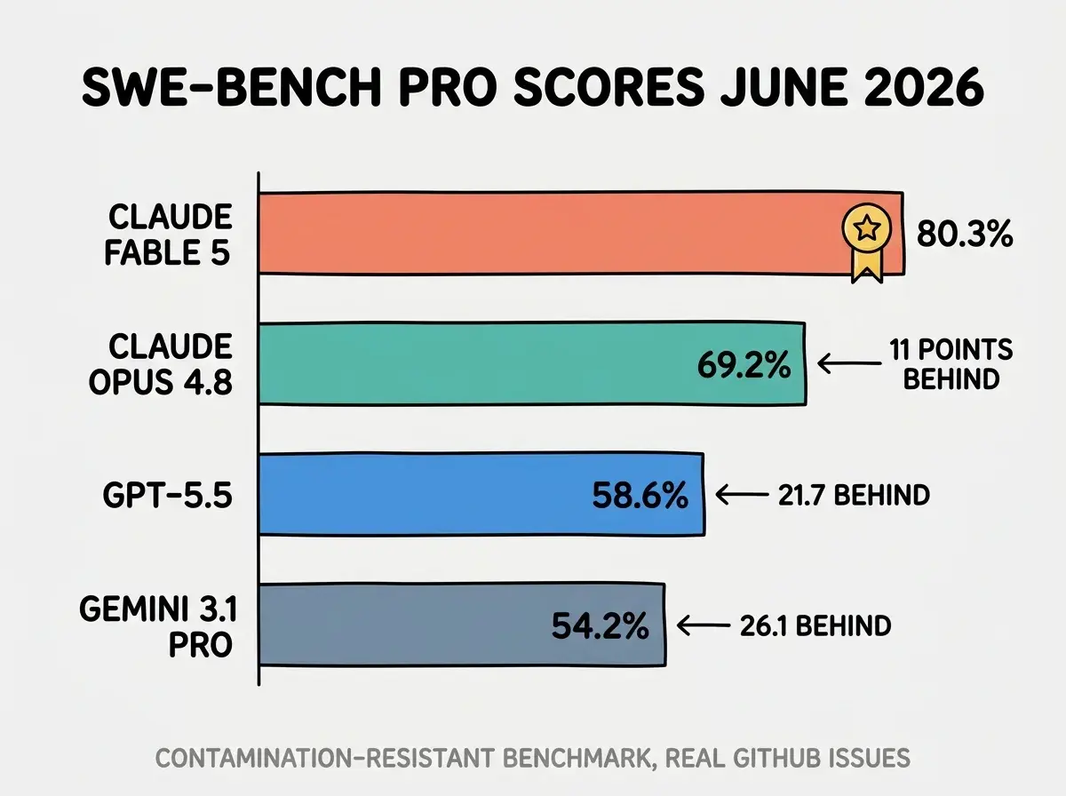 EXPLAINER DIAGRAM: Horizontal bar chart on light gray background showing SWE-Bench Pro scores for four models. Claude Fable 5 at top has the longest coral bar extending to 80.3%, labeled with a gold star badge. Claude Opus 4.8 below it has a teal bar reaching 69.2%, labeled 11 POINTS BEHIND. GPT-5.5 third with a blue bar at 58.6%, labeled 21.7 BEHIND. Gemini 3.1 Pro at bottom with a gray-blue bar at 54.2%, labeled 26.1 BEHIND. Black header at top reads SWE-BENCH PRO SCORES JUNE 2026. Small gray footer reads contamination-resistant benchmark, real github issues.