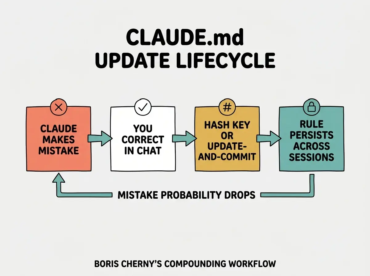 EXPLAINER DIAGRAM: A horizontal flow showing the CLAUDE.md update lifecycle. Four boxes connected by teal arrows in sequence: Box 1 (coral) labeled CLAUDE MAKES MISTAKE with icon of a small X. Box 2 (white) labeled YOU CORRECT IN CHAT with a checkmark icon. Box 3 (golden) labeled HASH KEY OR UPDATE-AND-COMMIT with a hash # symbol. Box 4 (teal) labeled RULE PERSISTS ACROSS SESSIONS with a small lock icon. Underneath the flow, a smaller arrow loops back from box 4 to box 1 with the label MISTAKE PROBABILITY DROPS. Caption at bottom reads BORIS CHERNY'S COMPOUNDING WORKFLOW.