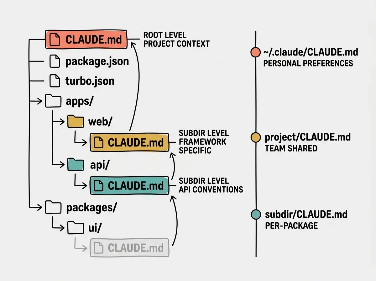 EXPLAINER DIAGRAM: A file tree visualization showing a Next.js monorepo project structure. At the top, root level: CLAUDE.md (highlighted in coral) with caption ROOT LEVEL PROJECT CONTEXT, package.json, turbo.json. Below that, apps/ folder containing web/ subfolder with its own CLAUDE.md (highlighted in golden) labeled SUBDIR LEVEL FRAMEWORK SPECIFIC, and api/ subfolder with its own CLAUDE.md (highlighted in teal) labeled SUBDIR LEVEL API CONVENTIONS. Below apps/, a packages/ folder containing ui/ with no CLAUDE.md (greyed out). To the right of the tree, a vertical legend showing the 3 tiers: ~/.claude/CLAUDE.md (personal preferences), project/CLAUDE.md (team shared), subdir/CLAUDE.md (per-package). Arrows showing how files merge bottom-up.