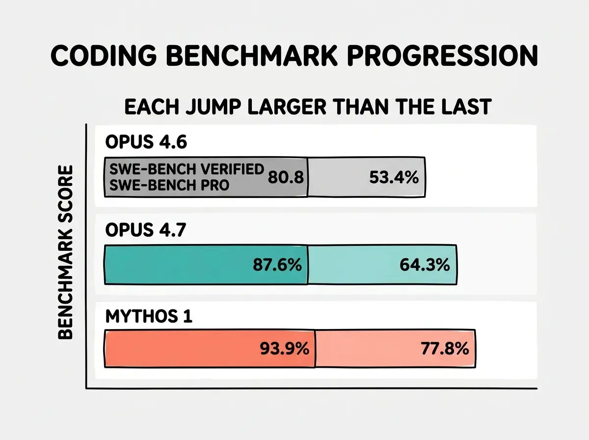 EXPLAINER DIAGRAM titled CODING BENCHMARK PROGRESSION showing three horizontal grouped bars on a white background. Each group has two bars side by side. Group 1 labeled OPUS 4.6: left bar in gray labeled SWE-BENCH VERIFIED at 80.8 percent, right bar in lighter gray labeled SWE-BENCH PRO at 53.4 percent. Group 2 labeled OPUS 4.7: left bar in teal at 87.6 percent, right bar in lighter teal at 64.3 percent. Group 3 labeled MYTHOS 1: left bar in coral at 93.9 percent, right bar in lighter coral at 77.8 percent. Header reads EACH JUMP LARGER THAN THE LAST. Y axis labeled BENCHMARK SCORE.