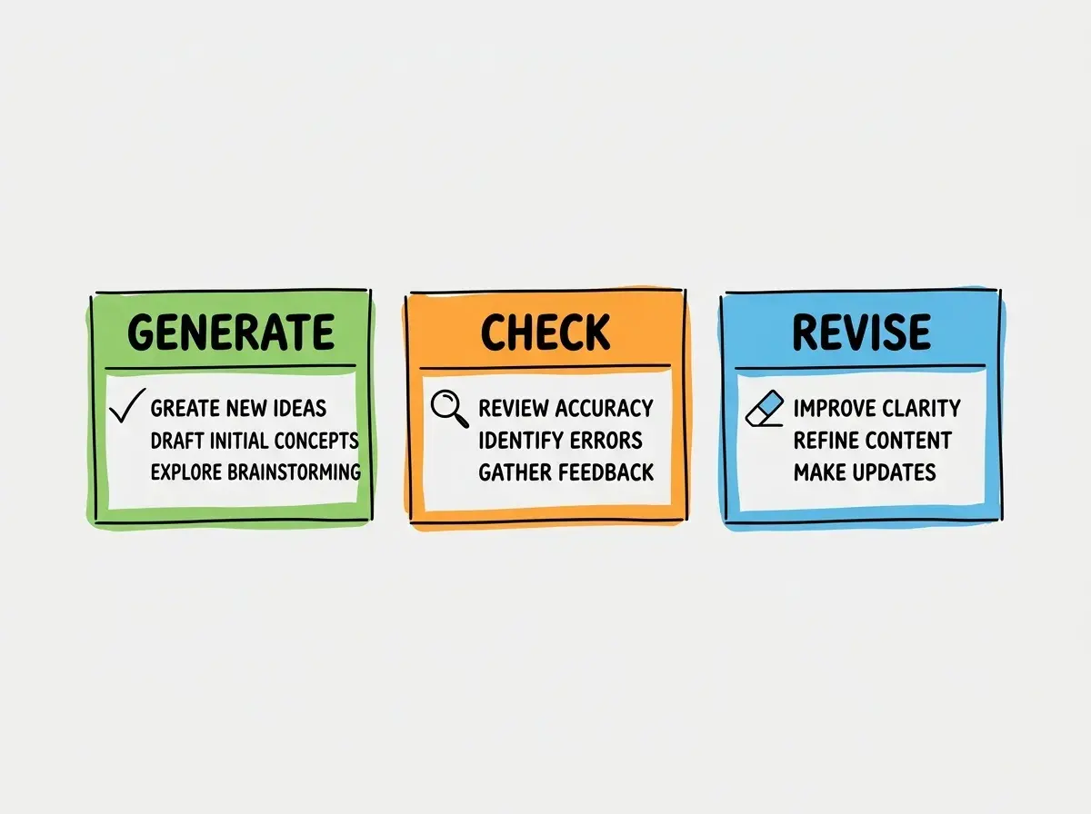 Three checklist cards labeled GENERATE, CHECK, REVISE. Each appears exactly once. No arrows or feedback loops. No additional cards.