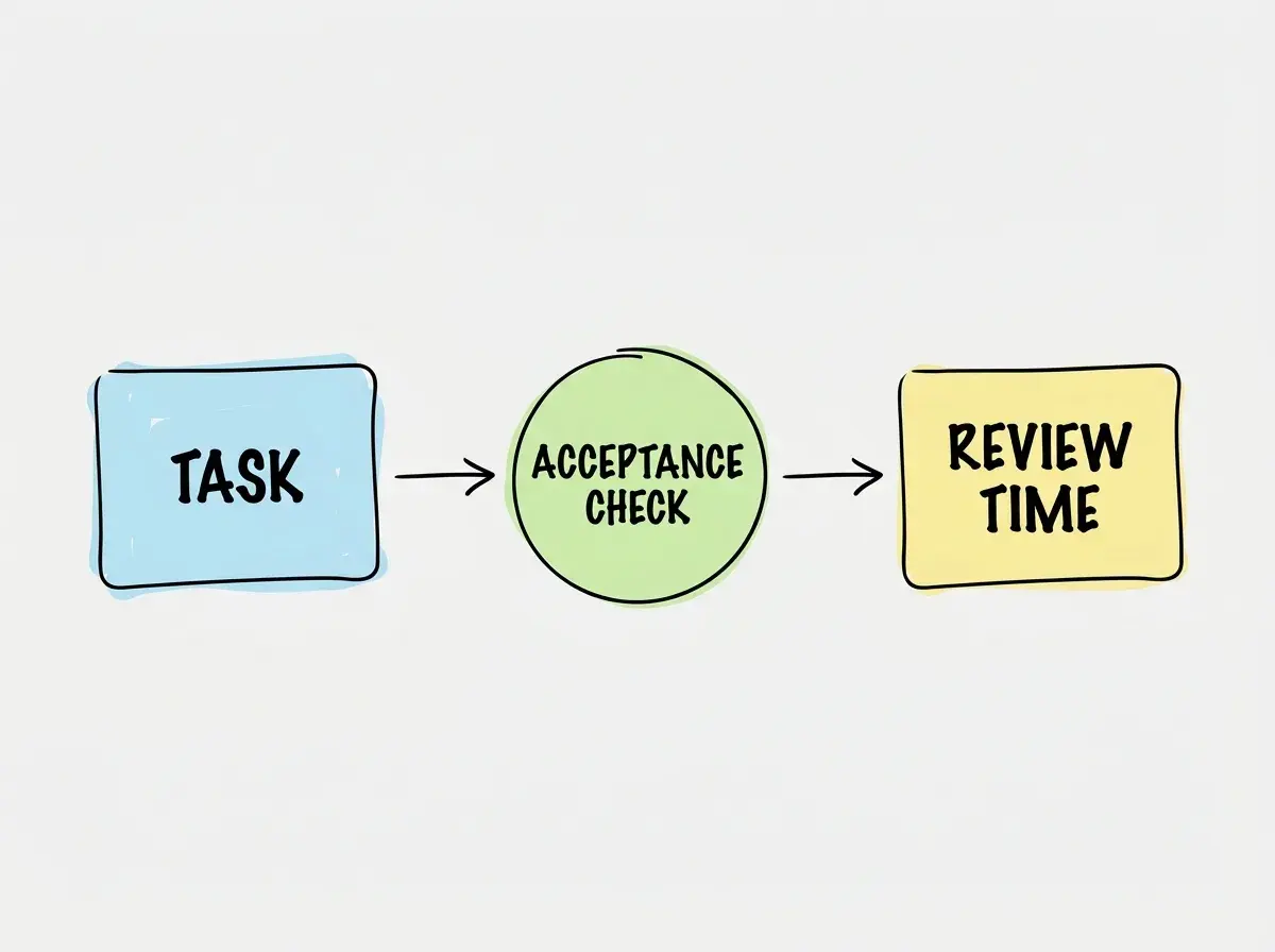 Simple conceptual diagram with separate boxes labeled TASK, ACCEPTANCE CHECK, REVIEW TIME. Use exactly these labels and no other text. No statistics, numbers, code, or rankings.