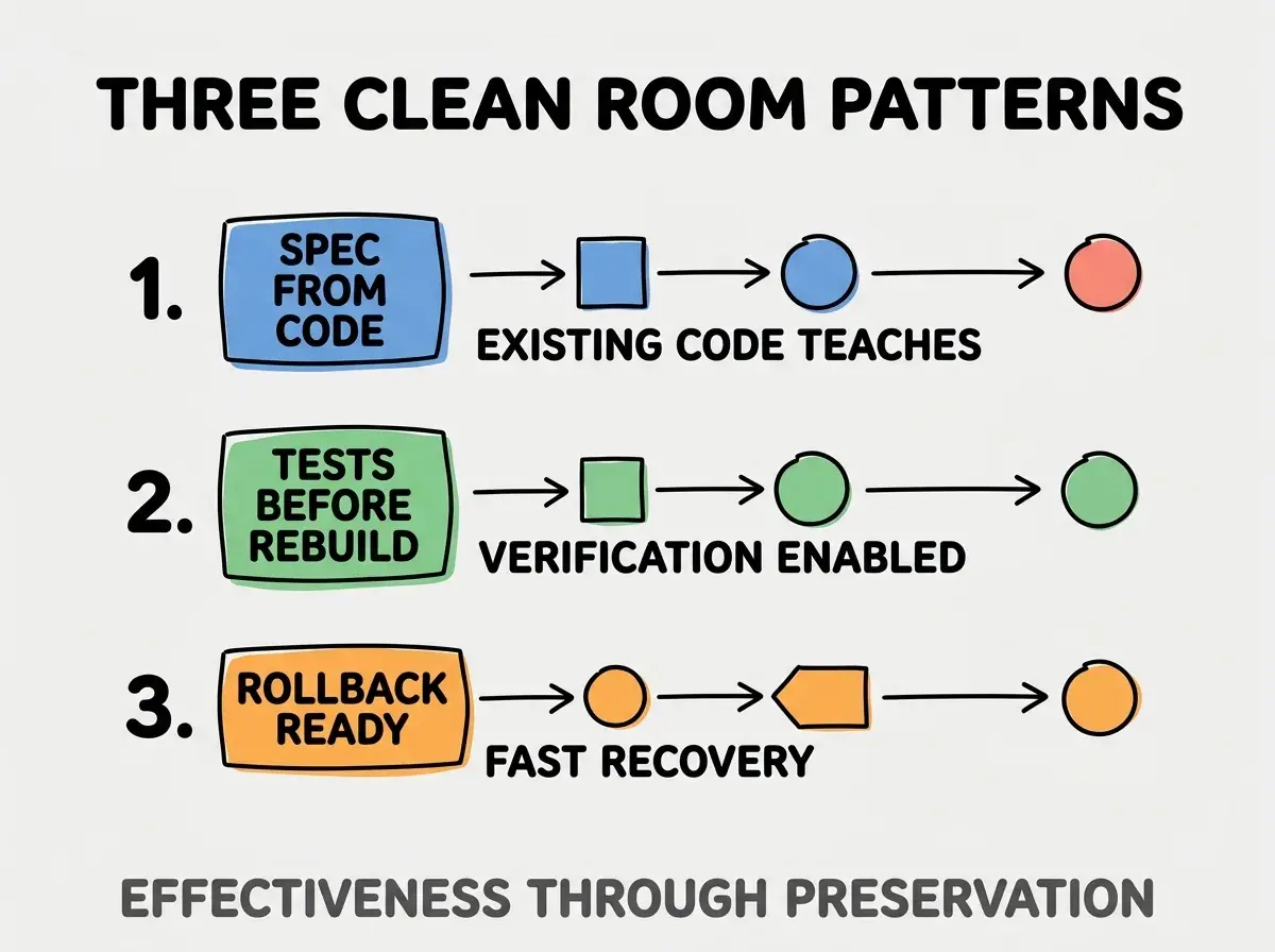 Clean modern flat infographic on light gray background. Top title bold black: THREE CLEAN ROOM PATTERNS. Single vertical numbered list with three rows. Row 1 blue badge SPEC FROM CODE with subtitle EXISTING CODE TEACHES. Row 2 green badge TESTS BEFORE REBUILD with subtitle VERIFICATION ENABLED. Row 3 orange badge ROLLBACK READY with subtitle FAST RECOVERY. Footer text dark gray: EFFECTIVENESS THROUGH PRESERVATION. Each label appears exactly once. No duplicated text.