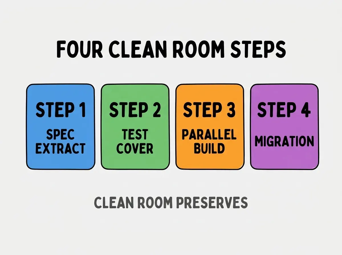Clean modern flat infographic on light gray background. Top center bold black title text: FOUR CLEAN ROOM STEPS. Below title, four equal sized colored rounded rectangle cards arranged horizontally. Card 1 blue: large bold text STEP 1 then smaller text SPEC EXTRACT. Card 2 green: large bold text STEP 2 then smaller text TEST COVER. Card 3 orange: large bold text STEP 3 then smaller text PARALLEL BUILD. Card 4 purple: large bold text STEP 4 then smaller text MIGRATION. Single footer line below cards in dark gray text: CLEAN ROOM PRESERVES. Nothing else on canvas. No text outside cards or below cards.