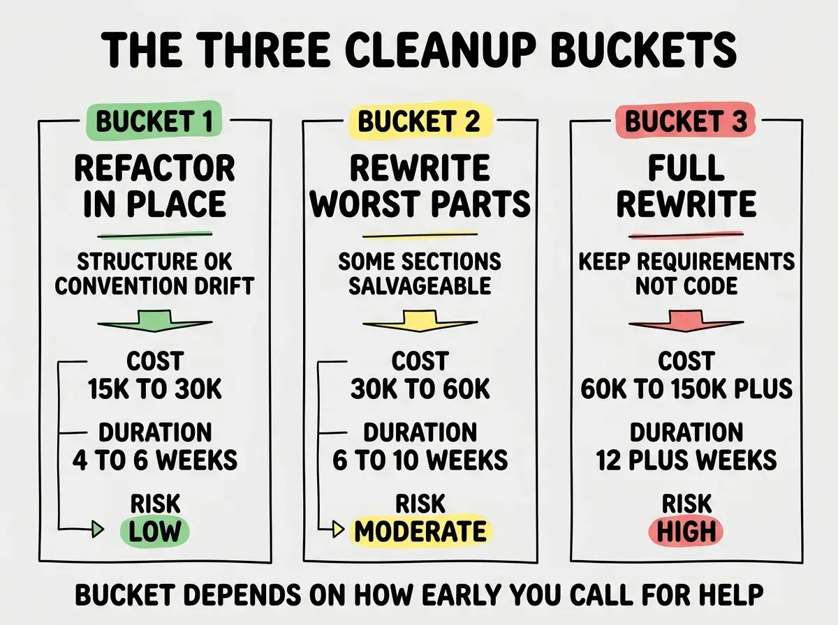 EXPLAINER DIAGRAM titled THE THREE CLEANUP BUCKETS shown as three vertical columns on a slate background. Left column labeled BUCKET 1 REFACTOR IN PLACE in green, sublabel STRUCTURE OK CONVENTION DRIFT, cost 15K TO 30K, duration 4 TO 6 WEEKS, risk LOW. Middle column labeled BUCKET 2 REWRITE WORST PARTS in yellow, sublabel SOME SECTIONS SALVAGEABLE, cost 30K TO 60K, duration 6 TO 10 WEEKS, risk MODERATE. Right column labeled BUCKET 3 FULL REWRITE in red, sublabel KEEP REQUIREMENTS NOT CODE, cost 60K TO 150K PLUS, duration 12 PLUS WEEKS, risk HIGH. Each column has a colored indicator. Footer reads BUCKET DEPENDS ON HOW EARLY YOU CALL FOR HELP.
