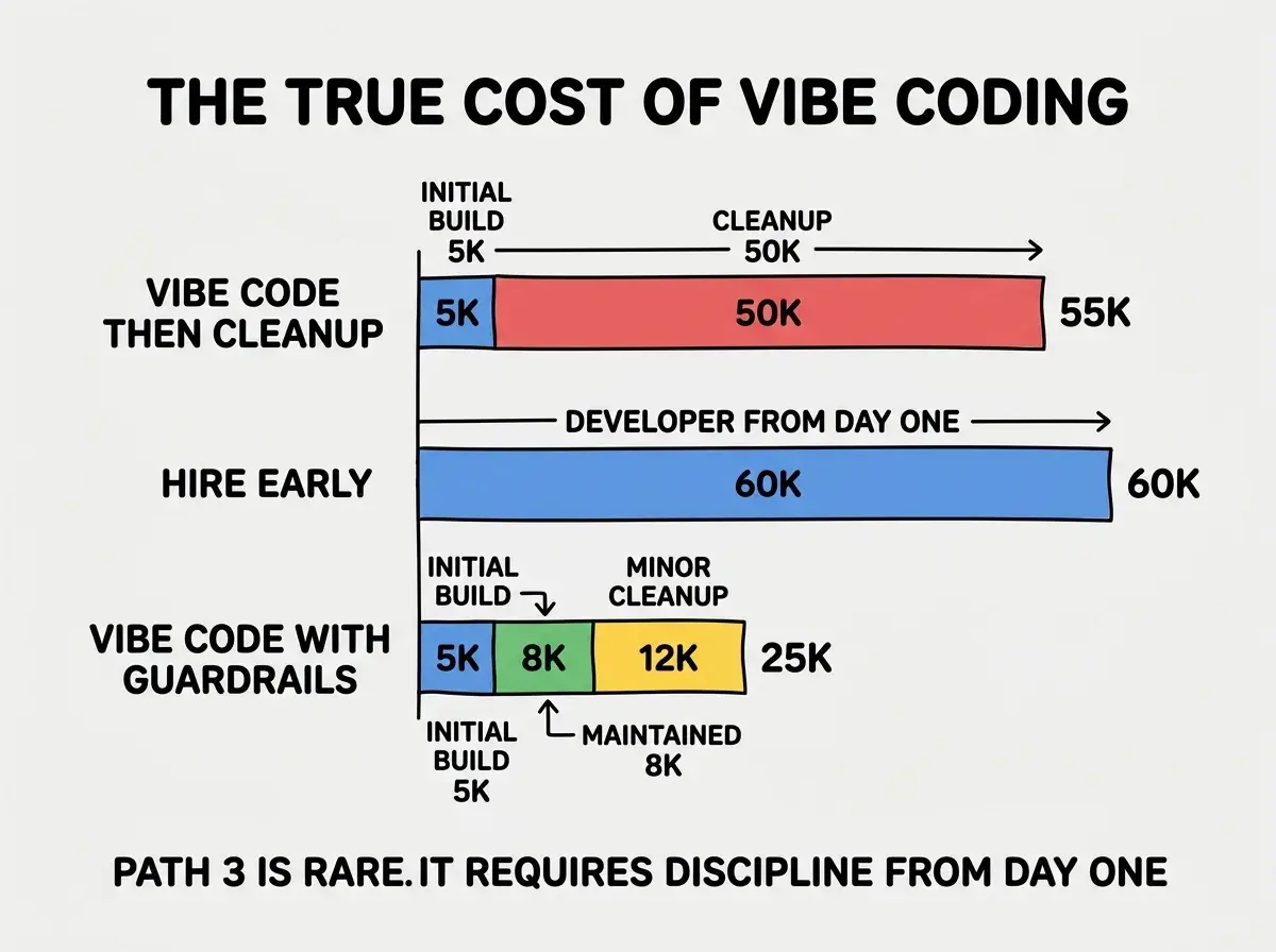 EXPLAINER DIAGRAM titled THE TRUE COST OF VIBE CODING shown as a horizontal bar chart on a slate background. Three bars representing three paths. Top bar labeled VIBE CODE THEN CLEANUP shows two segments, blue labeled INITIAL BUILD 5K and red labeled CLEANUP 50K, total 55K. Middle bar labeled HIRE EARLY shows one larger blue segment labeled DEVELOPER FROM DAY ONE 60K. Bottom bar labeled VIBE CODE WITH GUARDRAILS shows three segments, blue labeled INITIAL BUILD 5K, green labeled MAINTAINED THROUGHOUT 8K, and yellow labeled MINOR CLEANUP 12K, total 25K. Footer reads PATH 3 IS RARE BECAUSE IT REQUIRES DISCIPLINE FROM DAY ONE.