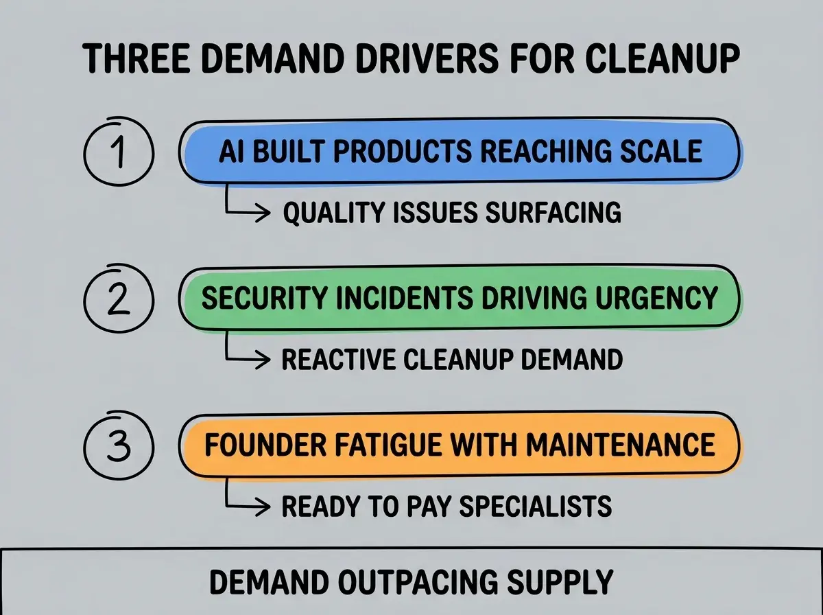 EXPLAINER DIAGRAM titled THREE DEMAND DRIVERS FOR CLEANUP shown as a vertical numbered list on a slate background. Three rows. Row 1 blue badge AI BUILT PRODUCTS REACHING SCALE sublabel QUALITY ISSUES SURFACING. Row 2 green badge SECURITY INCIDENTS DRIVING URGENCY sublabel REACTIVE CLEANUP DEMAND. Row 3 orange badge FOUNDER FATIGUE WITH MAINTENANCE sublabel READY TO PAY SPECIALISTS. Footer reads DEMAND OUTPACING SUPPLY. Modern flat design.