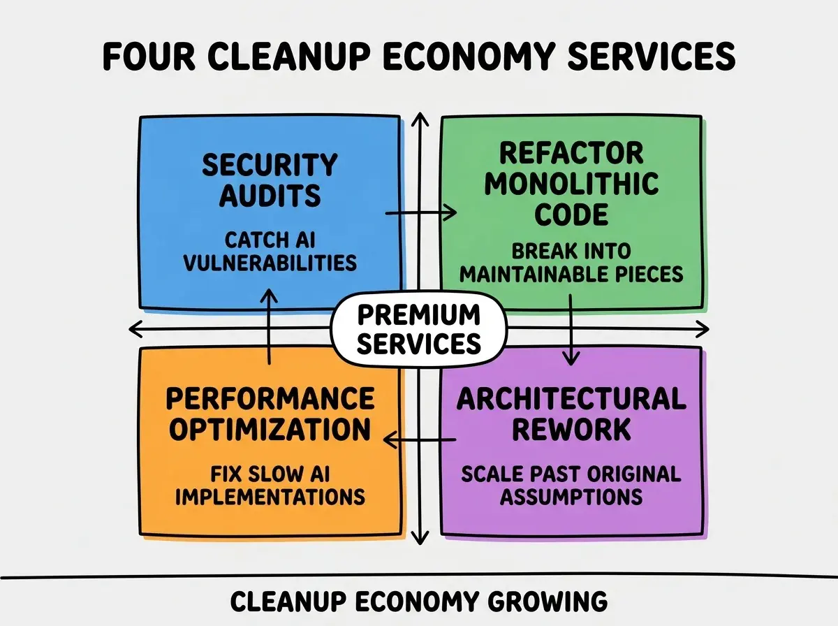 EXPLAINER DIAGRAM titled FOUR CLEANUP ECONOMY SERVICES shown as a 2x2 grid of quadrants on a slate background. Top left blue SECURITY AUDITS sublabel CATCH AI VULNERABILITIES. Top right green REFACTOR MONOLITHIC CODE sublabel BREAK INTO MAINTAINABLE PIECES. Bottom left orange PERFORMANCE OPTIMIZATION sublabel FIX SLOW AI IMPLEMENTATIONS. Bottom right purple ARCHITECTURAL REWORK sublabel SCALE PAST ORIGINAL ASSUMPTIONS. Center label PREMIUM SERVICES. Footer reads CLEANUP ECONOMY GROWING.