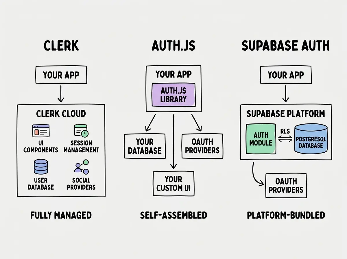 EXPLAINER DIAGRAM: A three-column layout on white background showing the architecture of each auth solution. Column 1 labeled CLERK shows a simple stack: YOUR APP at top with an arrow pointing down to CLERK CLOUD (containing icons for UI Components, Session Management, User Database, and Social Providers), all in a single managed box. Column 2 labeled AUTH.JS shows: YOUR APP at top containing Auth.js Library inside it, with arrows pointing outward to separate boxes for YOUR DATABASE, OAUTH PROVIDERS, and YOUR CUSTOM UI, indicating you manage each piece. Column 3 labeled SUPABASE AUTH shows: YOUR APP at top with an arrow to SUPABASE PLATFORM (containing Auth Module and PostgreSQL Database side by side, connected by a double arrow labeled RLS), with a separate arrow to OAUTH PROVIDERS. Each column has a footer label: FULLY MANAGED under Clerk, SELF-ASSEMBLED under Auth.js, PLATFORM-BUNDLED under Supabase.