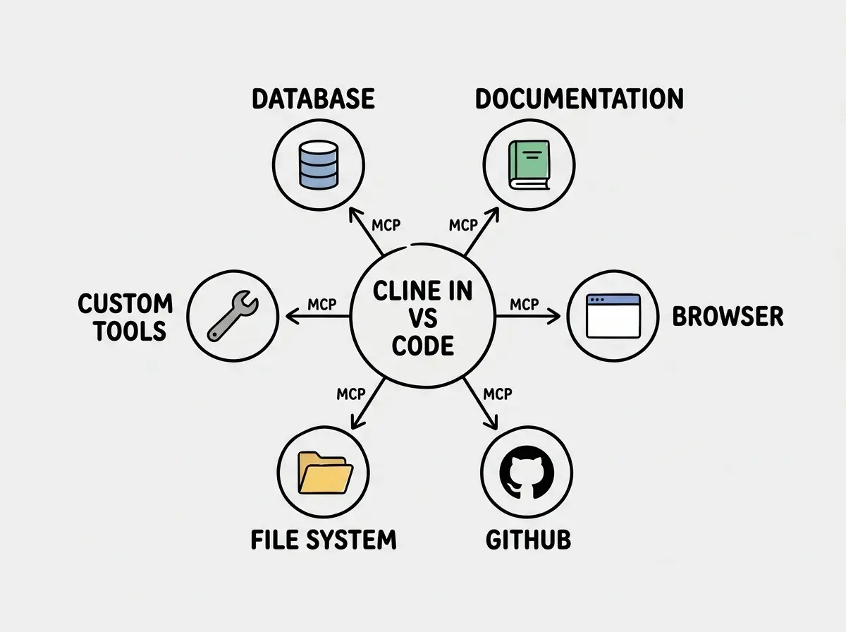 EXPLAINER DIAGRAM: A hub-and-spoke diagram on white background. Center circle labeled CLINE in VS Code with spokes radiating outward to six smaller circles: DATABASE (cylinder icon), DOCUMENTATION (book icon), BROWSER (window icon), GITHUB (octocat icon), FILE SYSTEM (folder icon), and CUSTOM TOOLS (wrench icon). Each spoke labeled MCP in small text.