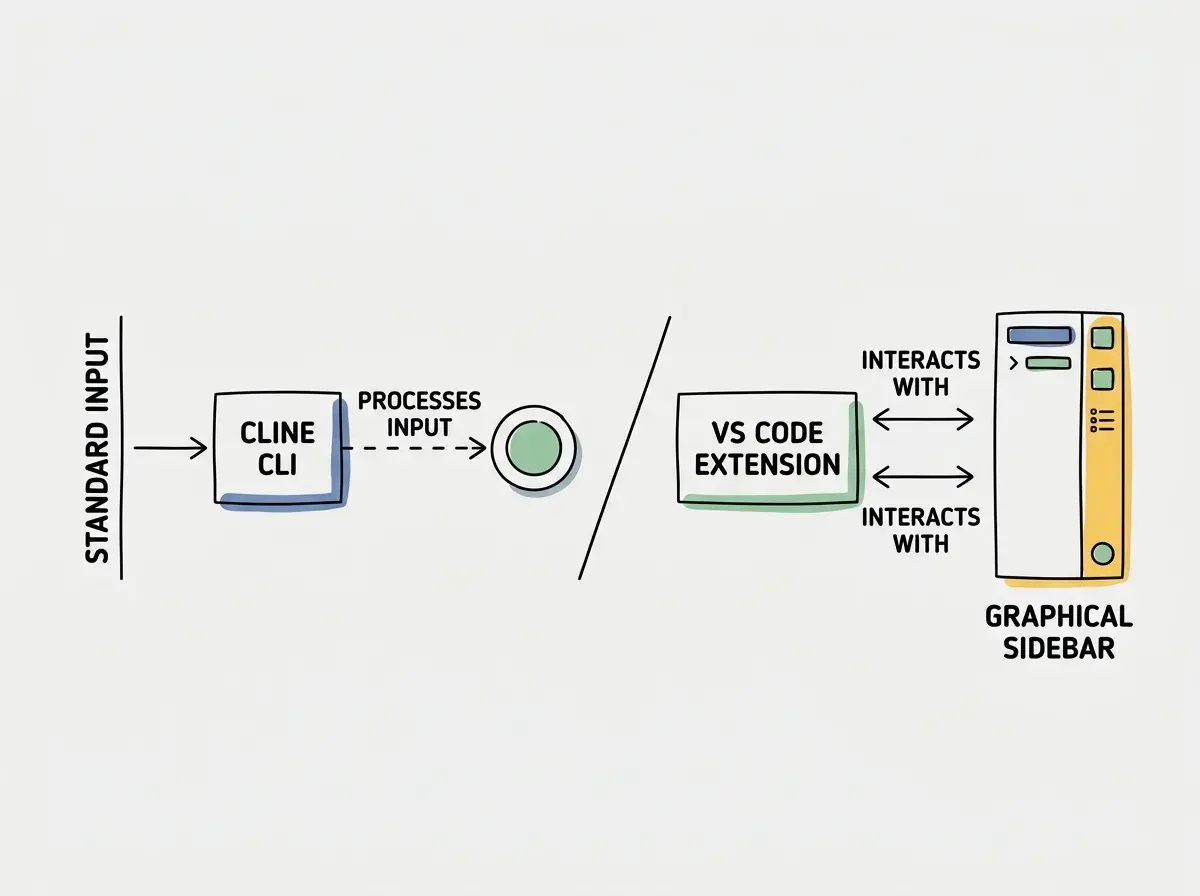 EXPLAINER DIAGRAM: A flowchart showing standard input piping into the Cline CLI on the left, and the VS Code extension interacting with a graphical sidebar on the right.