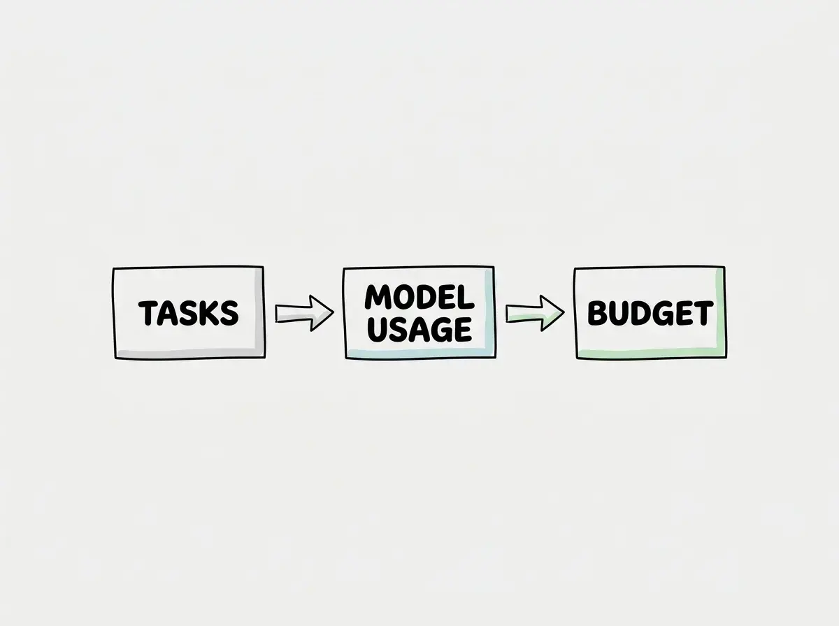 Three connected boxes with exactly these labels TASKS, MODEL USAGE, BUDGET. No chart, numbers, statistics or other text.