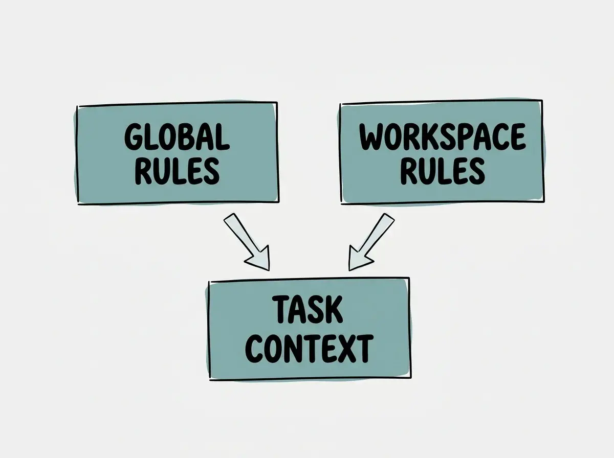 Two separate boxes GLOBAL RULES and WORKSPACE RULES both point to one box TASK CONTEXT. Only these exact three labels. No other text.