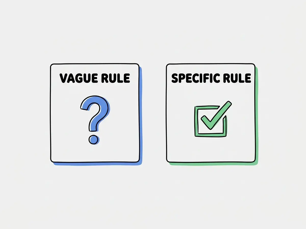 Two unconnected cards labeled VAGUE RULE and SPECIFIC RULE. A question mark on the first, a checklist on the second. Only those exact labels, no promises or other text.
