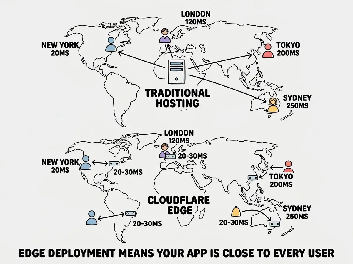 EXPLAINER DIAGRAM: A comparison diagram on white background showing two server architectures side by side. Left side labeled TRADITIONAL SERVERLESS shows a single cloud icon in one location labeled US-EAST-1 with dotted lines extending to user icons in Tokyo, Berlin, and Sao Paulo, each line labeled with latency 180ms, 120ms, and 150ms respectively. Right side labeled CLOUDFLARE WORKERS shows three small cloud icons positioned near each city labeled Edge Tokyo, Edge Berlin, and Edge Sao Paulo, with short solid lines to the nearby user icons labeled 15ms, 12ms, and 18ms respectively. A banner at bottom reads SAME CODE, DIFFERENT ARCHITECTURE, DRAMATICALLY DIFFERENT LATENCY.