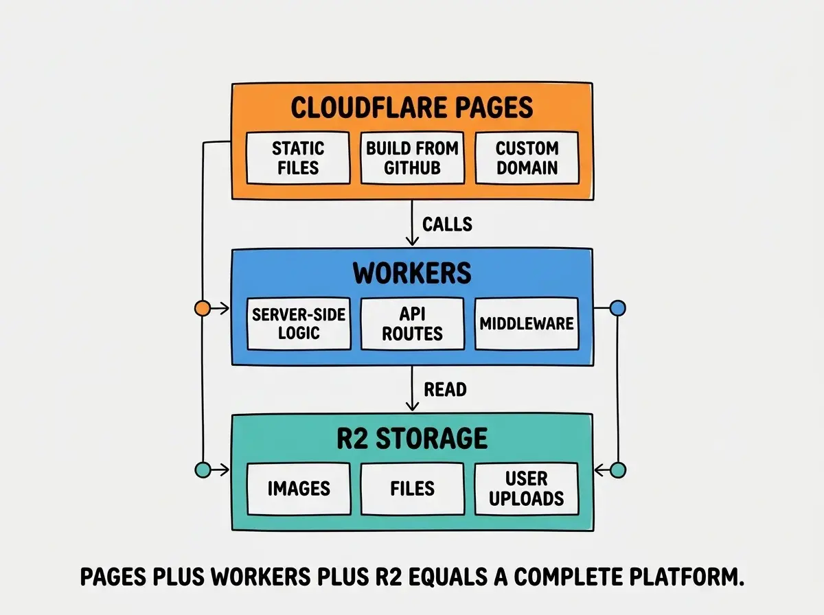 EXPLAINER DIAGRAM: A two-column comparison table on white background with headers VERCEL and CLOUDFLARE PAGES. Six rows compare the platforms. Row 1 SETUP TIME: Vercel shows 5 minutes, Cloudflare shows 15-30 minutes. Row 2 MONTHLY COST AT 100K USERS: Vercel shows $100-300, Cloudflare shows $5-15. Row 3 GLOBAL EDGE LOCATIONS: Vercel shows 18 regions, Cloudflare shows 300+ cities. Row 4 COLD START TIME: Vercel shows 200-500ms, Cloudflare shows less than 5ms. Row 5 NEXT.JS SUPPORT: Vercel shows Native with a star, Cloudflare shows Via Adapter. Row 6 BANDWIDTH OVERAGE COST: Vercel shows $40 per 100GB, Cloudflare shows $0 Unlimited. The Vercel column has a subtle blue tint and the Cloudflare column has a subtle orange tint.