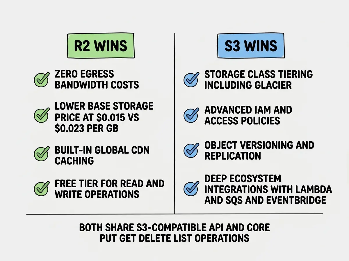 EXPLAINER DIAGRAM: A feature comparison matrix on white background with two columns labeled R2 WINS and S3 WINS. Under R2 WINS, four items each with a green checkmark: Zero egress bandwidth costs, Lower base storage price at $0.015 vs $0.023 per GB, Built-in global CDN caching, and Free tier for read and write operations. Under S3 WINS, four items each with a blue checkmark: Storage class tiering including Glacier, Advanced IAM and access policies, Object versioning and replication, and Deep ecosystem integrations with Lambda and SQS and EventBridge. A horizontal divider separates the matrix from a summary row reading BOTH SHARE S3-compatible API and core put get delete list operations.