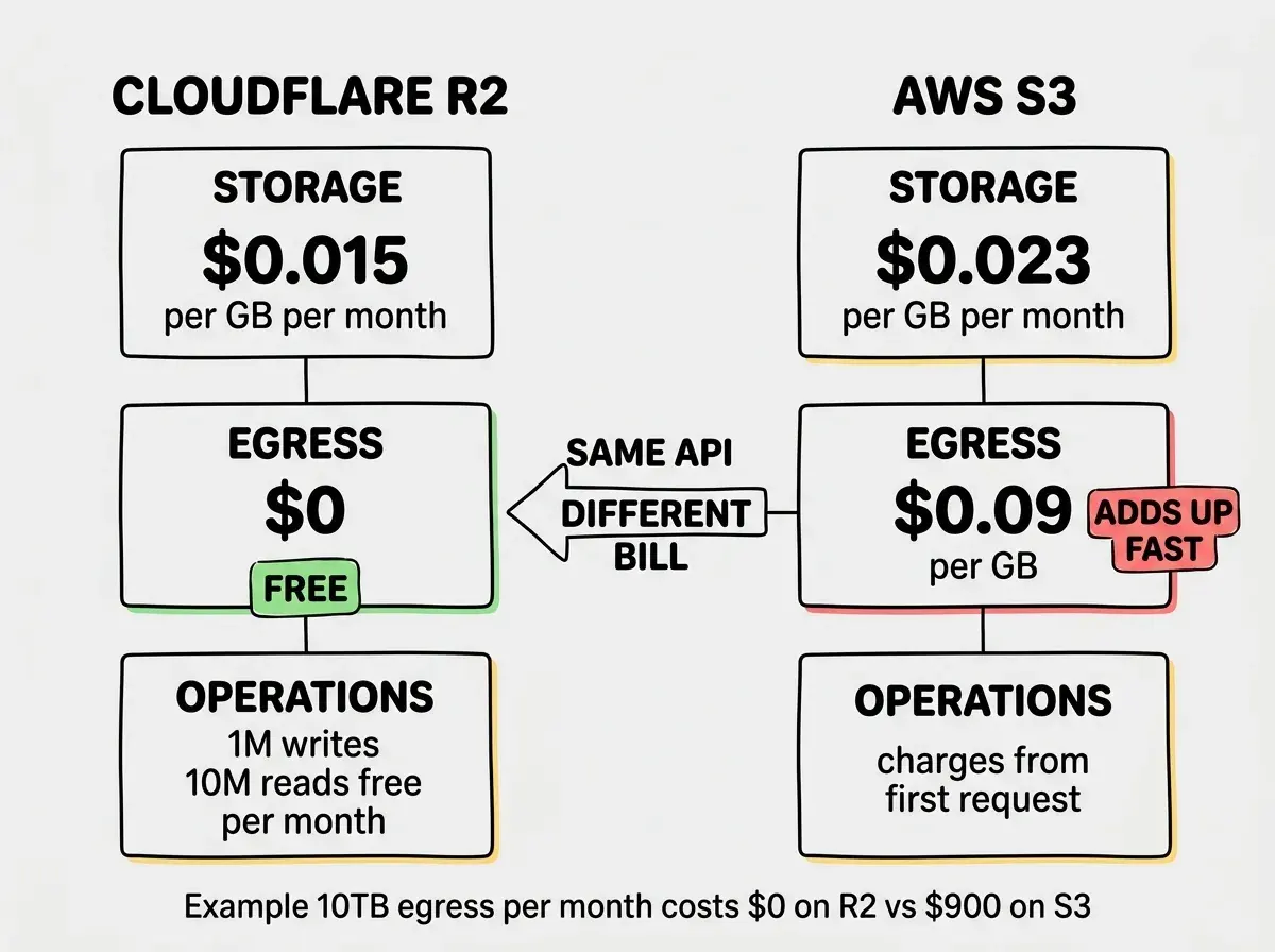 EXPLAINER DIAGRAM: A side-by-side cost comparison on white background. Left side labeled CLOUDFLARE R2 shows three cost boxes stacked vertically: STORAGE at $0.015 per GB per month, EGRESS at $0 with a green highlighted FREE badge, and OPERATIONS showing 1M writes and 10M reads free per month. Right side labeled AWS S3 shows three matching boxes: STORAGE at $0.023 per GB per month, EGRESS at $0.09 per GB with a red highlighted ADDS UP FAST badge, and OPERATIONS showing charges from first request. Between the two sides, a large arrow points from S3 to R2 with text reading SAME API DIFFERENT BILL. Bottom note reads Example 10TB egress per month costs $0 on R2 vs $900 on S3.