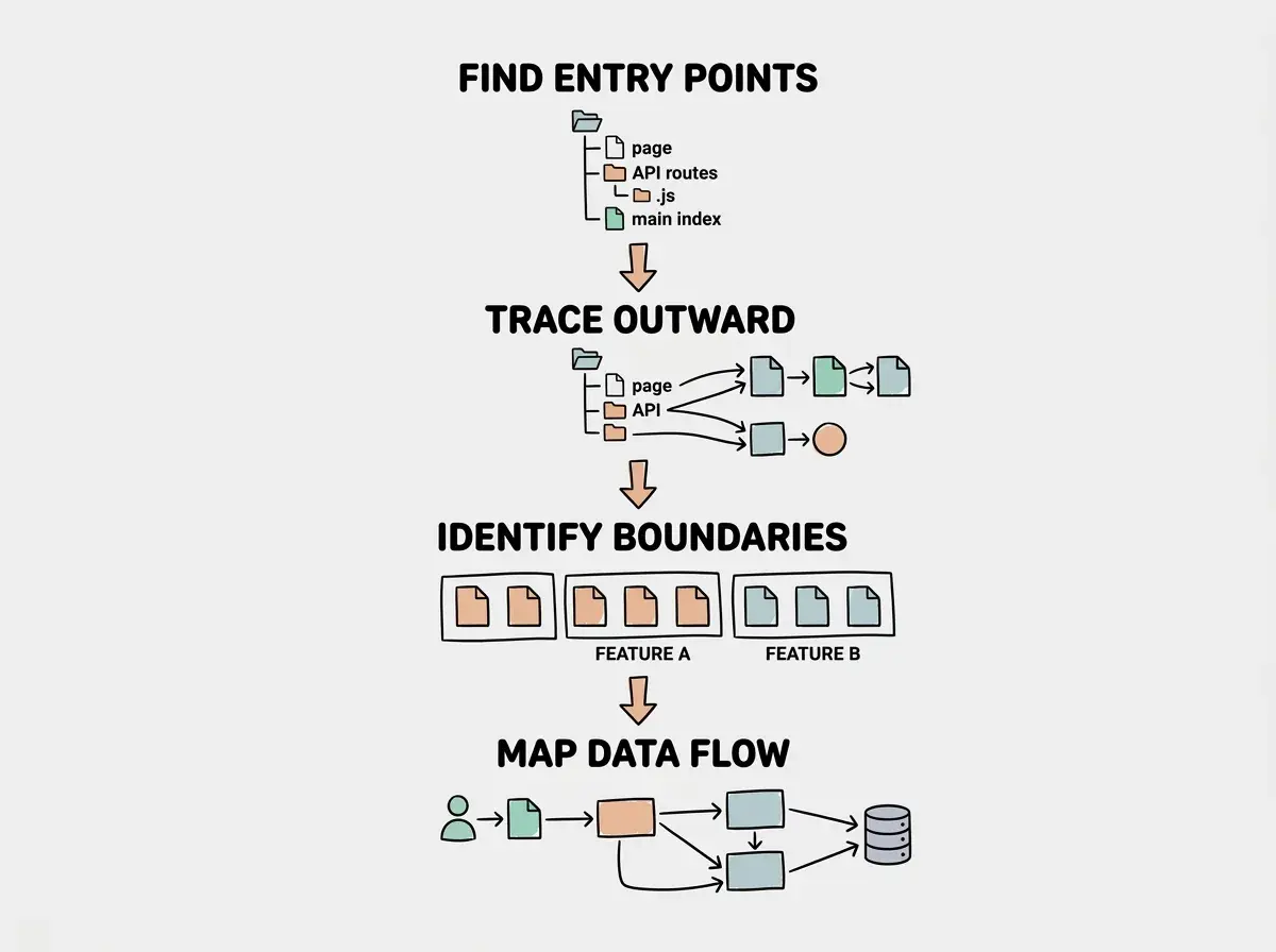 EXPLAINER DIAGRAM: A horizontal flowchart on a light gray background showing the excavation method as three sequential stages. Stage 1 on the left is labeled ENTRY POINTS and shows a file tree icon with three highlighted files: page.tsx, route.ts, and index.ts, with arrows pointing right. Stage 2 in the center is labeled SIGNIFICANT ARTIFACTS and shows a magnifying glass icon over sample code with a highlighted import statement and a function name circled, with arrows pointing right. Stage 3 on the right is labeled OUTWARD TRACE and shows two connected file boxes linked by dotted arrows, representing lib/stripe.ts and lib/email.ts being discovered from the original entry point. A progress bar below all three stages reads SURFACE TO DEPTH.