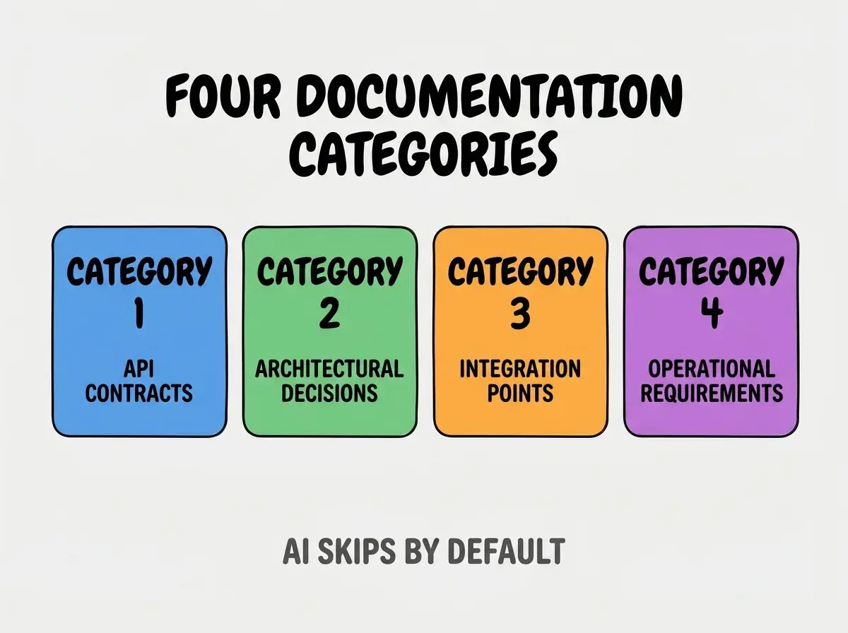 Clean modern flat infographic on light gray background. Top center bold black title text: FOUR DOCUMENTATION CATEGORIES. Below title, four equal sized colored rounded rectangle cards arranged horizontally. Card 1 blue: large bold text CATEGORY 1 then smaller text API CONTRACTS. Card 2 green: large bold text CATEGORY 2 then smaller text ARCHITECTURAL DECISIONS. Card 3 orange: large bold text CATEGORY 3 then smaller text INTEGRATION POINTS. Card 4 purple: large bold text CATEGORY 4 then smaller text OPERATIONAL REQUIREMENTS. Single footer line below cards in dark gray text: AI SKIPS BY DEFAULT. Nothing else on canvas. No text outside cards or below cards.
