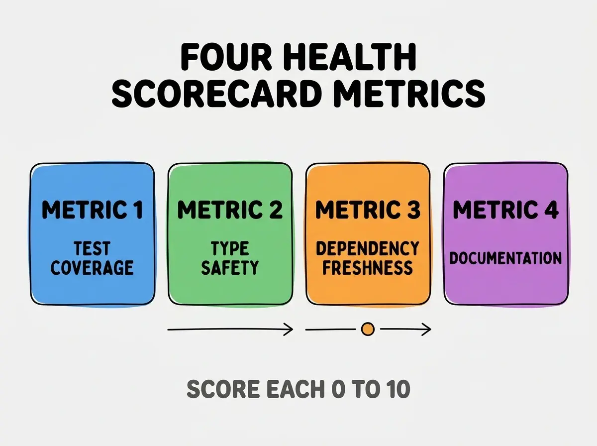 Clean modern flat infographic on light gray background. Top center bold black title text: FOUR HEALTH SCORECARD METRICS. Below title, four equal sized colored rounded rectangle cards arranged horizontally. Card 1 blue: large bold text METRIC 1 then smaller text TEST COVERAGE. Card 2 green: large bold text METRIC 2 then smaller text TYPE SAFETY. Card 3 orange: large bold text METRIC 3 then smaller text DEPENDENCY FRESHNESS. Card 4 purple: large bold text METRIC 4 then smaller text DOCUMENTATION. Single footer line below cards in dark gray text: SCORE EACH 0 TO 10. Nothing else on canvas. No text outside cards or below cards.