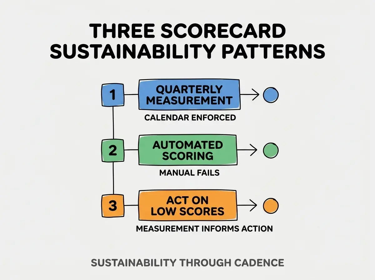 Clean modern flat infographic on light gray background. Top title bold black: THREE SCORECARD SUSTAINABILITY PATTERNS. Single vertical numbered list with three rows. Row 1 blue badge QUARTERLY MEASUREMENT with subtitle CALENDAR ENFORCED. Row 2 green badge AUTOMATED SCORING with subtitle MANUAL FAILS. Row 3 orange badge ACT ON LOW SCORES with subtitle MEASUREMENT INFORMS ACTION. Footer text dark gray: SUSTAINABILITY THROUGH CADENCE. Each label appears exactly once. No duplicated text.