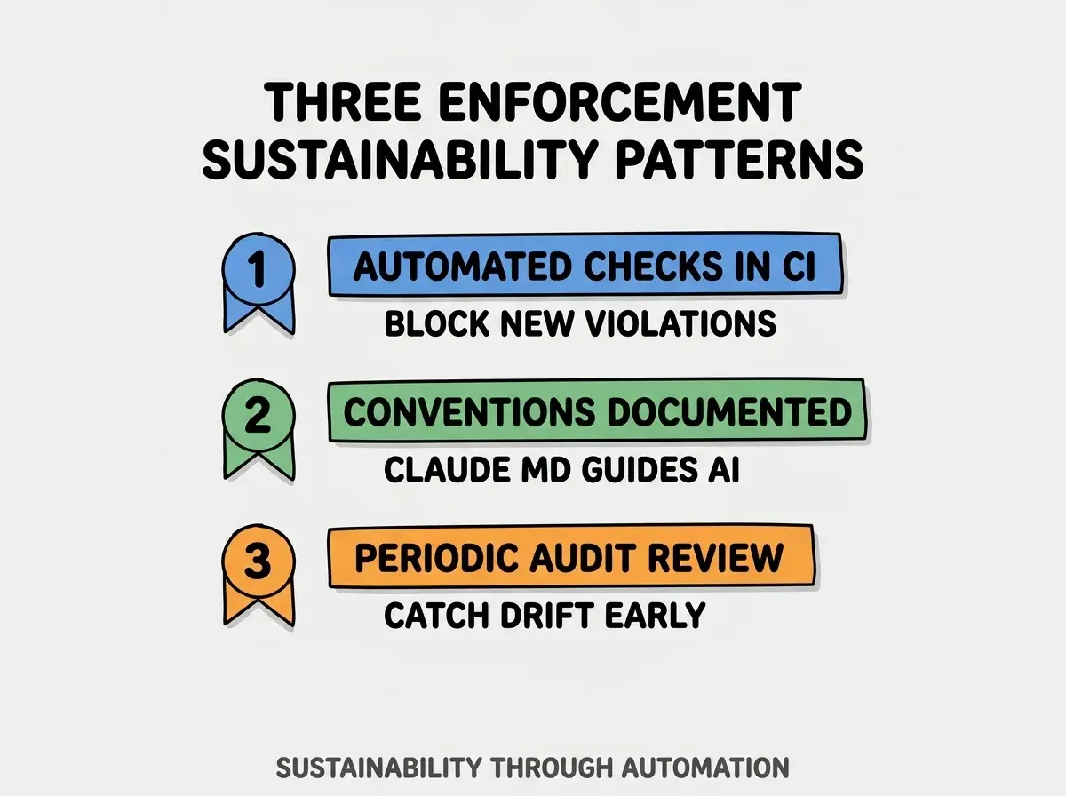 Clean modern flat infographic on light gray background. Top title bold black: THREE ENFORCEMENT SUSTAINABILITY PATTERNS. Single vertical numbered list with three rows. Row 1 blue badge AUTOMATED CHECKS IN CI with subtitle BLOCK NEW VIOLATIONS. Row 2 green badge CONVENTIONS DOCUMENTED with subtitle CLAUDE MD GUIDES AI. Row 3 orange badge PERIODIC AUDIT REVIEW with subtitle CATCH DRIFT EARLY. Footer text dark gray: SUSTAINABILITY THROUGH AUTOMATION. Each label appears exactly once. No duplicated text.