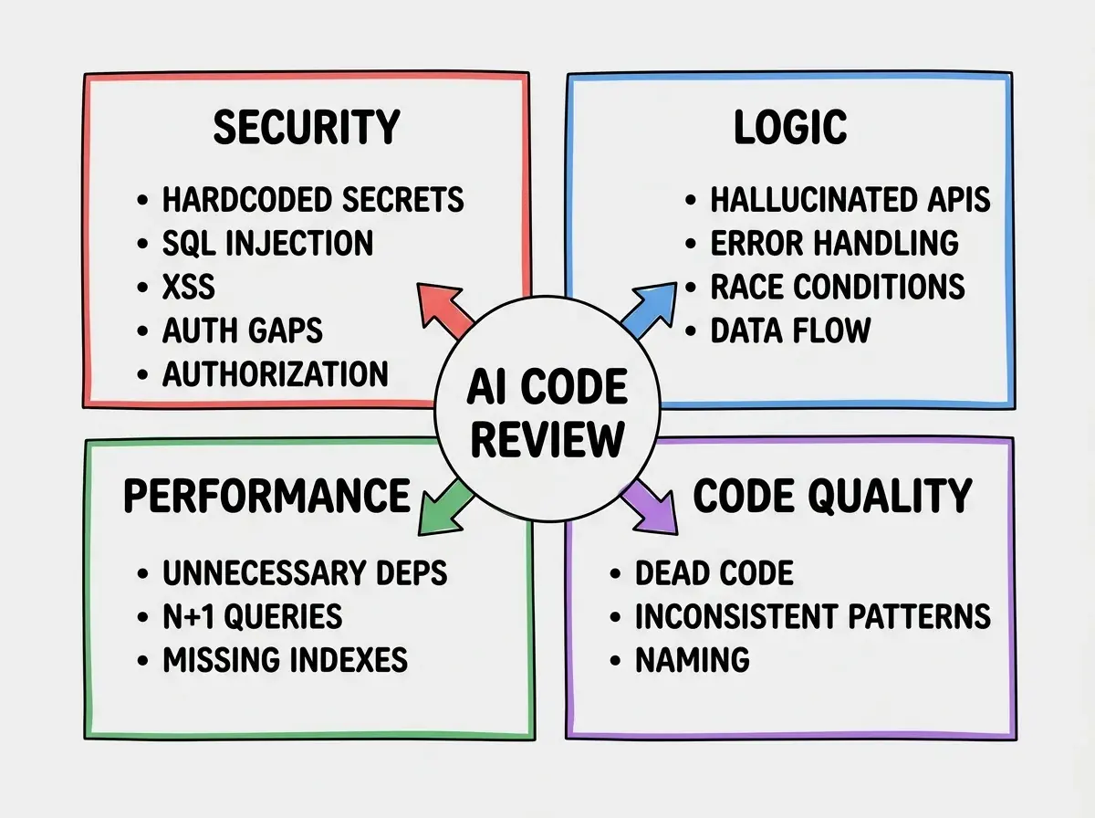 EXPLAINER DIAGRAM: A vertical flowchart showing four security review steps in a code review process. Step 1 labeled SECRETS SCAN shows a magnifying glass over code with highlighted strings. Step 2 labeled INJECTION CHECK shows a SQL query split into a safe parameterized version on the left and an unsafe interpolated version on the right with a red X. Step 3 labeled XSS REVIEW shows a DOM rendering path with a safe escape function highlighted in green. Step 4 labeled AUTH GAPS shows an API route diagram with an authentication check box that is unchecked, highlighted in red with an arrow pointing to it labeled MISSING.