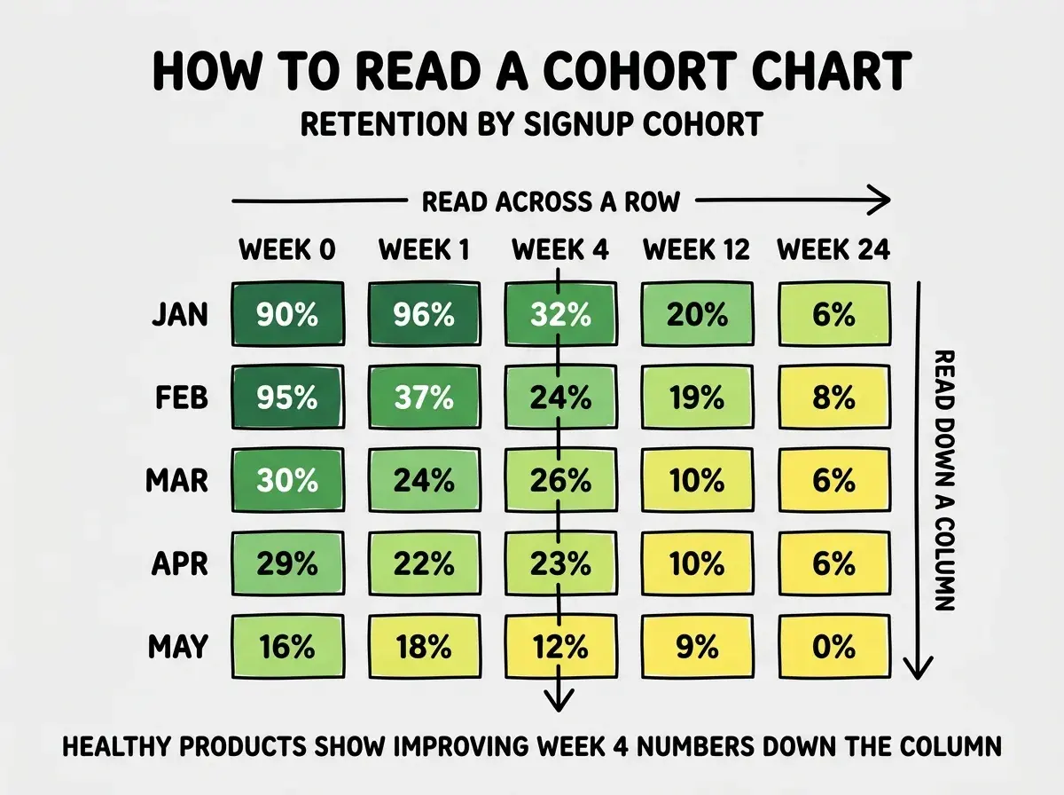 EXPLAINER DIAGRAM titled HOW TO READ A COHORT CHART shown as a stylized retention table on a slate background. Title at top reads RETENTION BY SIGNUP COHORT. Table has 5 rows labeled JAN, FEB, MAR, APR, MAY on the left axis. Columns labeled WEEK 0, WEEK 1, WEEK 4, WEEK 12, WEEK 24 across the top. Each cell colored from dark green at top to lighter colors moving right showing decreasing retention. Vertical arrow on right labeled READ DOWN A COLUMN points down through the WEEK 4 column with annotation INCREASING NUMBERS DOWN COLUMN MEAN RETENTION IS IMPROVING. Horizontal arrow at top labeled READ ACROSS A ROW with annotation SHOWS HOW ONE COHORTS RETENTION DECAYS OVER TIME. Footer reads HEALTHY PRODUCTS SHOW IMPROVING WEEK 4 NUMBERS DOWN THE COLUMN.