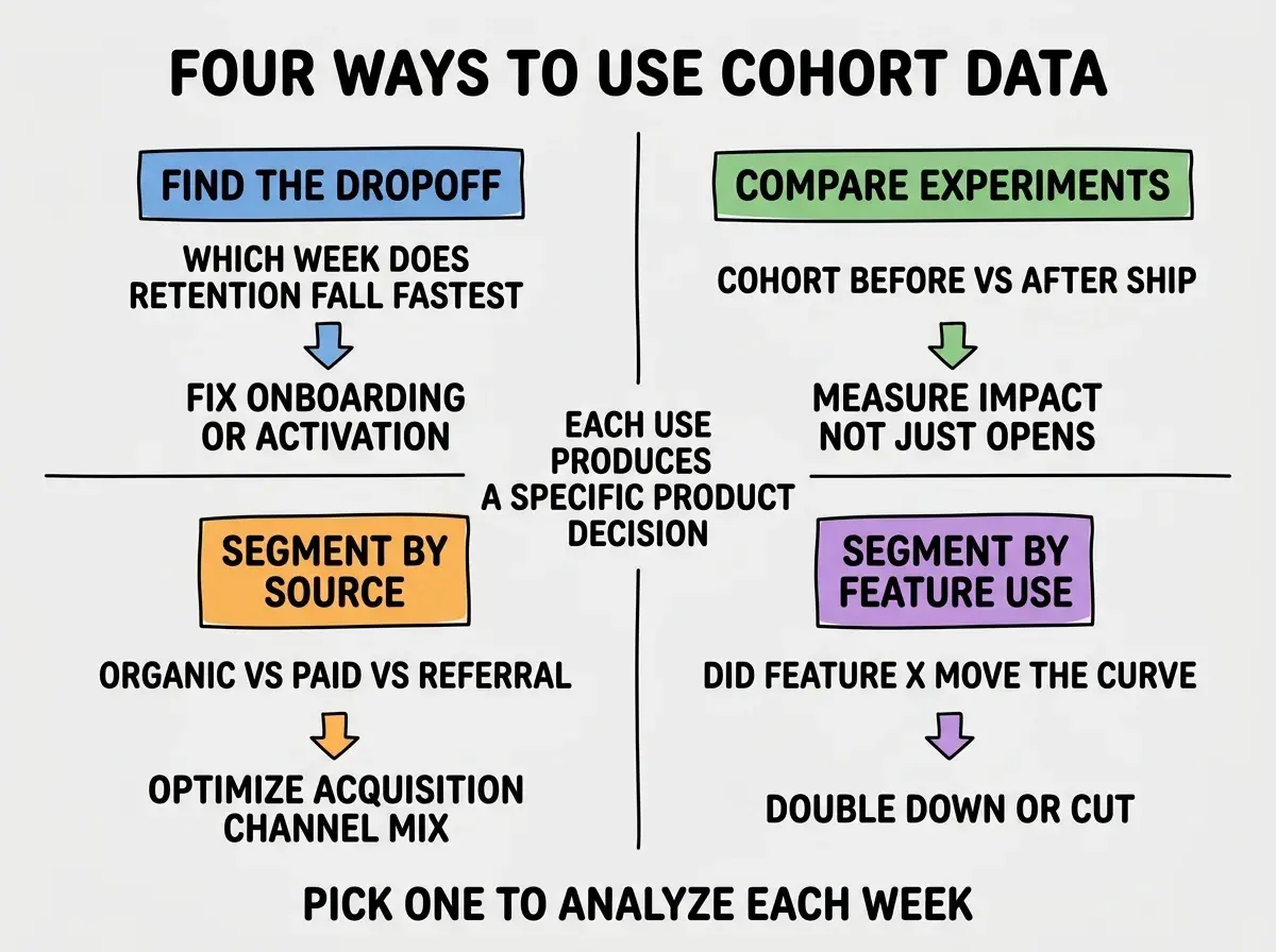 EXPLAINER DIAGRAM titled FOUR WAYS TO USE COHORT DATA shown as a 2x2 grid of quadrants on a slate background. Top left quadrant blue labeled FIND THE DROPOFF, sublabel WHICH WEEK DOES RETENTION FALL FASTEST, action FIX ONBOARDING OR ACTIVATION. Top right green labeled COMPARE EXPERIMENTS, sublabel COHORT BEFORE VS AFTER SHIP, action MEASURE IMPACT NOT JUST OPENS. Bottom left orange labeled SEGMENT BY SOURCE, sublabel ORGANIC VS PAID VS REFERRAL, action OPTIMIZE ACQUISITION CHANNEL MIX. Bottom right purple labeled SEGMENT BY FEATURE USE, sublabel DID FEATURE X MOVE THE CURVE, action DOUBLE DOWN OR CUT. Center label reads EACH USE PRODUCES A SPECIFIC PRODUCT DECISION. Footer reads PICK ONE TO ANALYZE EACH WEEK.