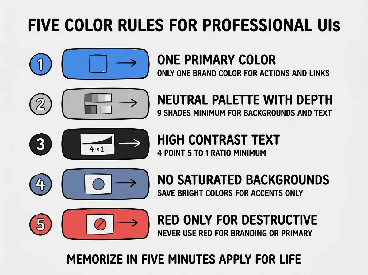 EXPLAINER DIAGRAM titled FIVE COLOR RULES FOR PROFESSIONAL UIS shown as a vertical numbered list on a slate background. Five rows, each with a colored circle badge and short rule plus subtext. Row 1 blue ONE PRIMARY COLOR sublabel ONLY ONE BRAND COLOR FOR ACTIONS AND LINKS. Row 2 gray NEUTRAL PALETTE WITH DEPTH sublabel 9 SHADES MINIMUM FOR BACKGROUNDS AND TEXT. Row 3 black HIGH CONTRAST TEXT sublabel 4 POINT 5 TO 1 RATIO MINIMUM. Row 4 muted blue NO SATURATED BACKGROUNDS sublabel SAVE BRIGHT COLORS FOR ACCENTS ONLY. Row 5 red RED ONLY FOR DESTRUCTIVE sublabel NEVER USE RED FOR BRANDING OR PRIMARY. Footer reads MEMORIZE IN FIVE MINUTES, APPLY FOR LIFE.