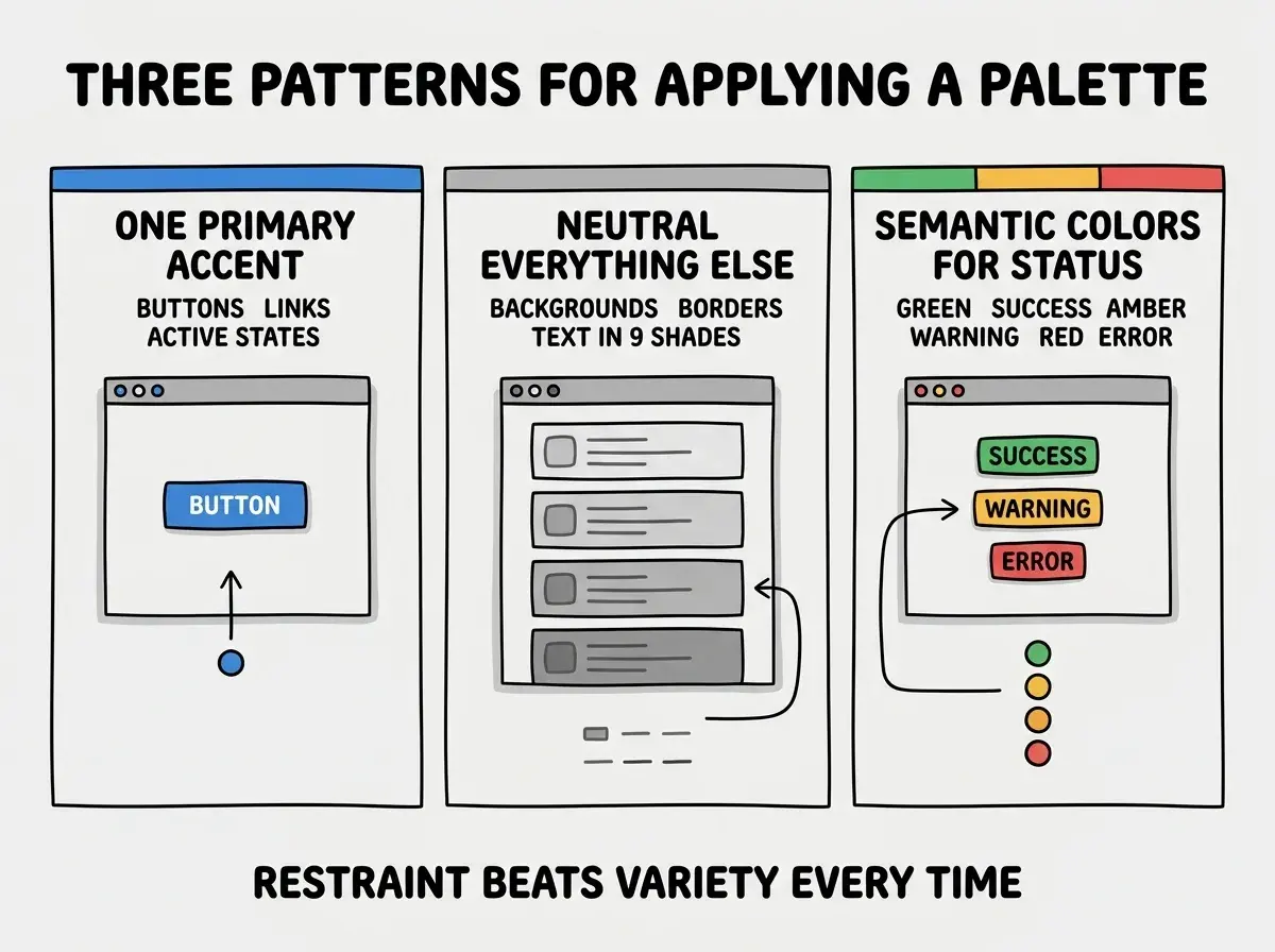 EXPLAINER DIAGRAM titled THREE PATTERNS FOR APPLYING A PALETTE shown as three horizontal panels on a slate background. Panel 1 colored blue labeled ONE PRIMARY ACCENT, sublabel BUTTONS, LINKS, ACTIVE STATES, with mockup showing a blue button on neutral background. Panel 2 colored gray labeled NEUTRAL EVERYTHING ELSE, sublabel BACKGROUNDS, BORDERS, TEXT IN 9 SHADES, with mockup showing a list of cards in shades of gray. Panel 3 colored multi labeled SEMANTIC COLORS FOR STATUS, sublabel GREEN SUCCESS AMBER WARNING RED ERROR, with mockup showing three colored badges with labels. Footer reads RESTRAINT BEATS VARIETY EVERY TIME.