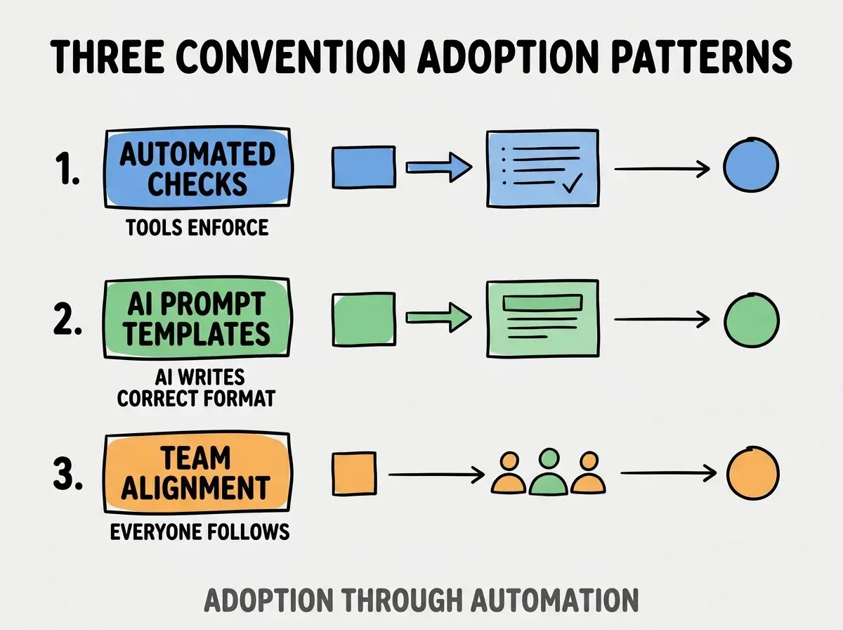 Clean modern flat infographic on light gray background. Top title bold black: THREE CONVENTION ADOPTION PATTERNS. Single vertical numbered list with three rows. Row 1 blue badge AUTOMATED CHECKS with subtitle TOOLS ENFORCE. Row 2 green badge AI PROMPT TEMPLATES with subtitle AI WRITES CORRECT FORMAT. Row 3 orange badge TEAM ALIGNMENT with subtitle EVERYONE FOLLOWS. Footer text dark gray: ADOPTION THROUGH AUTOMATION. Each label appears exactly once. No duplicated text.