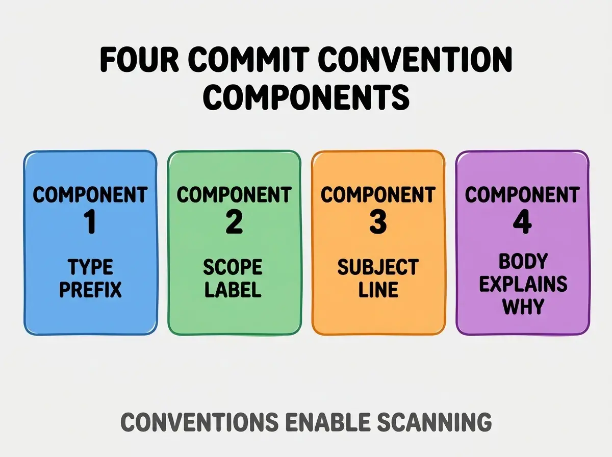 Clean modern flat infographic on light gray background. Top center bold black title text: FOUR COMMIT CONVENTION COMPONENTS. Below title, four equal sized colored rounded rectangle cards arranged horizontally. Card 1 blue: large bold text COMPONENT 1 then smaller text TYPE PREFIX. Card 2 green: large bold text COMPONENT 2 then smaller text SCOPE LABEL. Card 3 orange: large bold text COMPONENT 3 then smaller text SUBJECT LINE. Card 4 purple: large bold text COMPONENT 4 then smaller text BODY EXPLAINS WHY. Single footer line below cards in dark gray text: CONVENTIONS ENABLE SCANNING. Nothing else on canvas. No text outside cards or below cards.