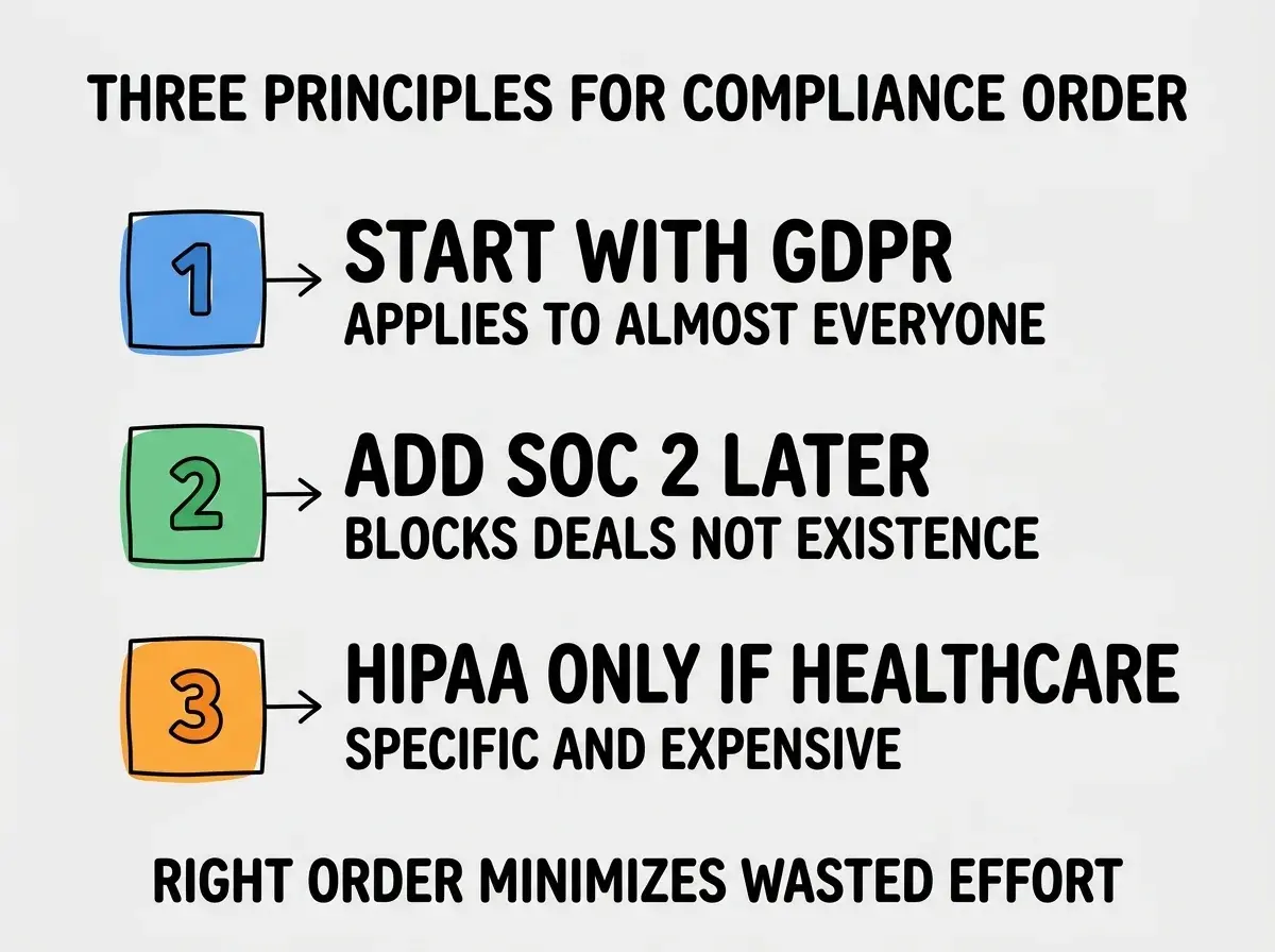 EXPLAINER DIAGRAM titled THREE PRINCIPLES FOR COMPLIANCE ORDER shown as a vertical numbered list on a slate background. Three rows. Row 1 blue badge START WITH GDPR sublabel APPLIES TO ALMOST EVERYONE. Row 2 green badge ADD SOC 2 WHEN ENTERPRISE SALES APPEAR sublabel BLOCKS DEALS NOT EXISTENCE. Row 3 orange badge HIPAA ONLY IF HEALTHCARE sublabel SPECIFIC AND EXPENSIVE. Footer reads RIGHT ORDER MINIMIZES WASTED EFFORT.