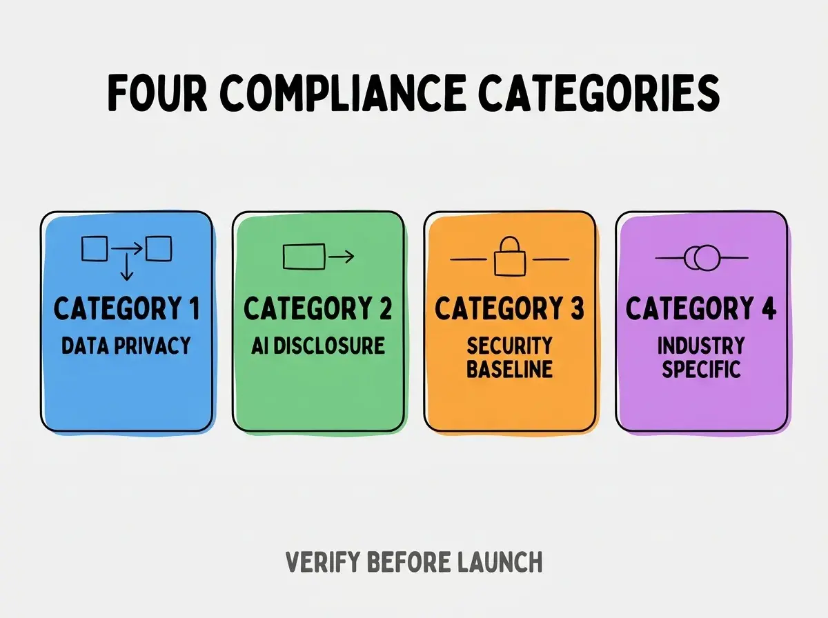 Clean modern flat infographic on light gray background. Top center bold black title text: FOUR COMPLIANCE CATEGORIES. Below title, four equal sized colored rounded rectangle cards arranged horizontally. Card 1 blue: large bold text CATEGORY 1 then smaller text DATA PRIVACY. Card 2 green: large bold text CATEGORY 2 then smaller text AI DISCLOSURE. Card 3 orange: large bold text CATEGORY 3 then smaller text SECURITY BASELINE. Card 4 purple: large bold text CATEGORY 4 then smaller text INDUSTRY SPECIFIC. Single footer line below cards in dark gray text: VERIFY BEFORE LAUNCH. Nothing else on canvas. No text outside cards or below cards.