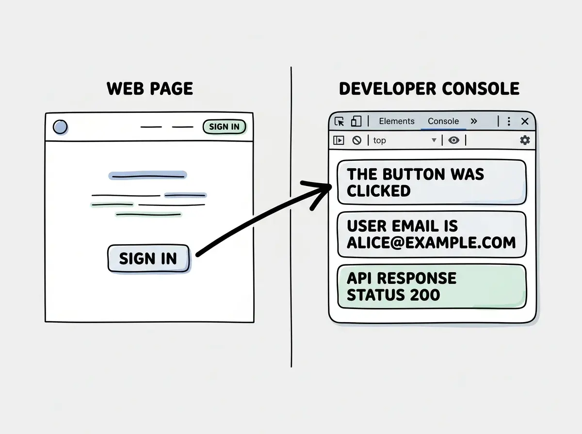 EXPLAINER DIAGRAM: A split-screen layout. The left half shows a simple web page with a Sign In button. The right half shows a browser developer console panel with three log messages stacked vertically: first line reads The button was clicked, second line reads User email is alice@example.com, third line reads API response status 200. An arrow points from the Sign In button on the left to the first log message on the right, indicating the connection between user action and console output.