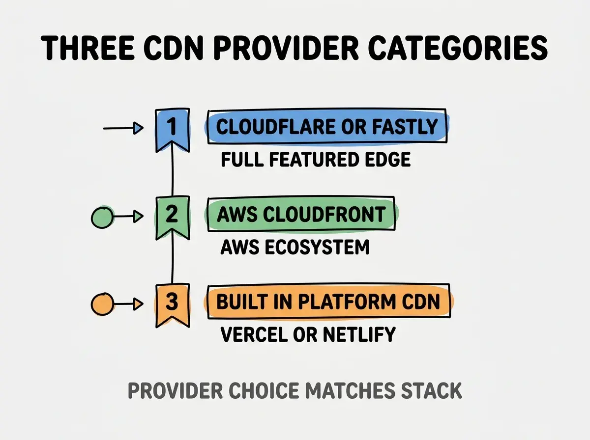 Clean modern flat infographic on light gray background. Top title bold black: THREE CDN PROVIDER CATEGORIES. Single vertical numbered list with three rows. Row 1 blue badge CLOUDFLARE OR FASTLY with subtitle FULL FEATURED EDGE. Row 2 green badge AWS CLOUDFRONT with subtitle AWS ECOSYSTEM. Row 3 orange badge BUILT IN PLATFORM CDN with subtitle VERCEL OR NETLIFY. Footer text dark gray: PROVIDER CHOICE MATCHES STACK. Each label appears exactly once. No duplicated text.