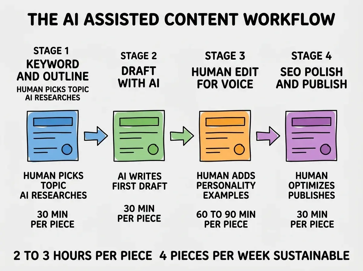 EXPLAINER DIAGRAM titled THE AI ASSISTED CONTENT WORKFLOW shown as a horizontal four-stage pipeline on a slate background. Stage 1 colored blue KEYWORD AND OUTLINE sublabel HUMAN PICKS TOPIC, AI RESEARCHES OUTLINE. Stage 2 colored green DRAFT WITH AI sublabel AI WRITES FIRST DRAFT, time 30 MIN PER PIECE. Stage 3 colored orange HUMAN EDIT FOR VOICE sublabel HUMAN ADDS PERSONALITY EXAMPLES, time 60 TO 90 MIN PER PIECE. Stage 4 colored purple SEO POLISH AND PUBLISH sublabel HUMAN OPTIMIZES PUBLISHES, time 30 MIN PER PIECE. Footer reads 2 TO 3 HOURS PER PIECE TOTAL, 4 PIECES PER WEEK SUSTAINABLE.