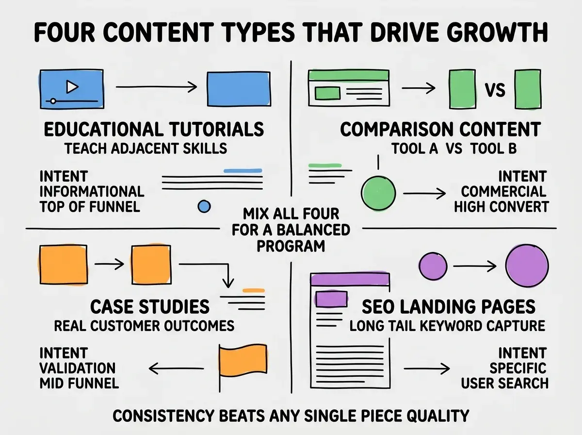 EXPLAINER DIAGRAM titled FOUR CONTENT TYPES THAT DRIVE GROWTH shown as a 2x2 grid of quadrants on a slate background. Top left blue EDUCATIONAL TUTORIALS sublabel TEACH ADJACENT SKILLS, intent INFORMATIONAL TOP OF FUNNEL. Top right green COMPARISON CONTENT sublabel TOOL A VS TOOL B, intent COMMERCIAL HIGH CONVERT. Bottom left orange CASE STUDIES sublabel REAL CUSTOMER OUTCOMES, intent VALIDATION MID FUNNEL. Bottom right purple SEO LANDING PAGES sublabel LONG TAIL KEYWORD CAPTURE, intent SPECIFIC USER SEARCH. Center label reads MIX ALL FOUR FOR A BALANCED PROGRAM. Footer reads CONSISTENCY BEATS ANY SINGLE PIECE QUALITY.