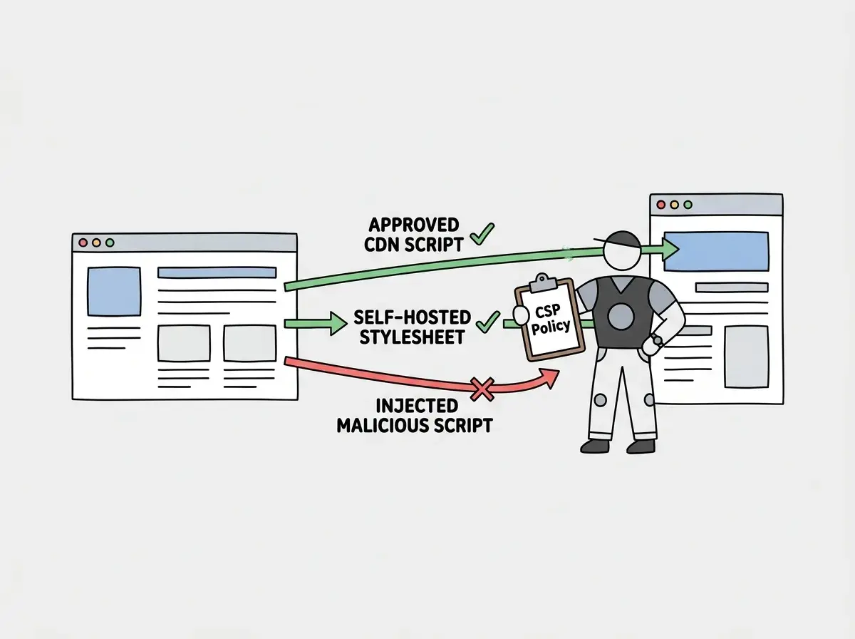 EXPLAINER DIAGRAM: A browser window on the left with arrows pointing right toward a bouncer figure standing in front of a web page. Three arrows are labeled: one green arrow labeled 'Approved CDN script' passes through the bouncer with a checkmark, one green arrow labeled 'Self-hosted stylesheet' passes through with a checkmark, and one red arrow labeled 'Injected malicious script' is blocked by the bouncer with an X. The bouncer holds a clipboard labeled 'CSP Policy'. Clean flat design with light background.