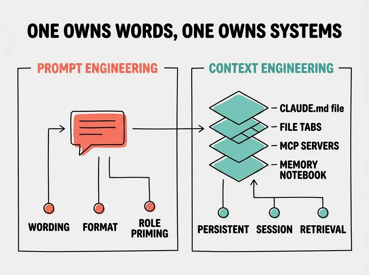 Side-by-side comparison diagram on light gray background. Left panel labeled PROMPT ENGINEERING in coral red shows a single message bubble icon with three labels underneath: WORDING, FORMAT, ROLE PRIMING. Right panel labeled CONTEXT ENGINEERING in teal shows four stacked layer icons (CLAUDE.md file, FILE TABS, MCP SERVERS, MEMORY NOTEBOOK) with three labels at the bottom: PERSISTENT, SESSION, RETRIEVAL. Top header reads ONE OWNS WORDS, ONE OWNS SYSTEMS. Bold all caps labels throughout.