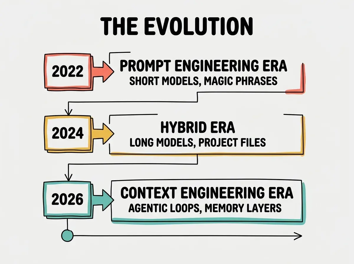 Vertical timeline diagram on light gray background. Top label THE EVOLUTION in bold black. Three horizontal stages stacked vertically. Stage 1, 2022 in coral red, label PROMPT ENGINEERING ERA, subtitle SHORT MODELS, MAGIC PHRASES. Stage 2, 2024 in golden yellow, label HYBRID ERA, subtitle LONG MODELS, PROJECT FILES. Stage 3, 2026 in teal, label CONTEXT ENGINEERING ERA, subtitle AGENTIC LOOPS, MEMORY LAYERS. Each stage gets larger left to right or top to bottom indicating expanding scope. Connecting arrows between stages.