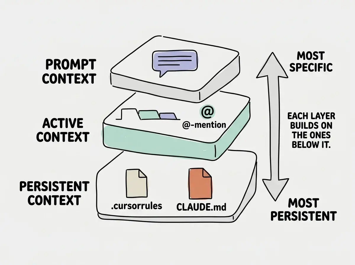 EXPLAINER DIAGRAM: A layered stack showing three context layers from bottom to top. The bottom layer is labeled PERSISTENT CONTEXT with icons for .cursorrules and CLAUDE.md files, spanning the full width. The middle layer is labeled ACTIVE CONTEXT showing file tabs and @-mentions, narrower than the bottom. The top layer is labeled PROMPT CONTEXT showing a single chat message, the narrowest. An arrow on the right side points upward labeled MOST SPECIFIC and downward labeled MOST PERSISTENT. A note reads: Each layer builds on the ones below it.
