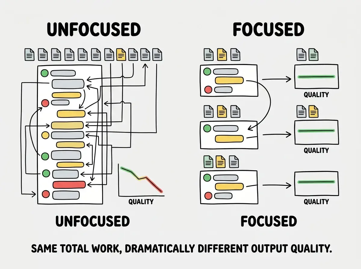 EXPLAINER DIAGRAM: Two side-by-side comparison panels. The left panel is labeled UNFOCUSED showing a single long conversation thread with many files listed at the top, arrows pointing everywhere, and a declining quality graph from green to red as the conversation gets longer. The right panel is labeled FOCUSED showing three short separate conversations, each with only 2-3 files listed, arrows pointing to specific targets, and three flat green quality lines. Below both panels a label reads: Same total work, dramatically different output quality.