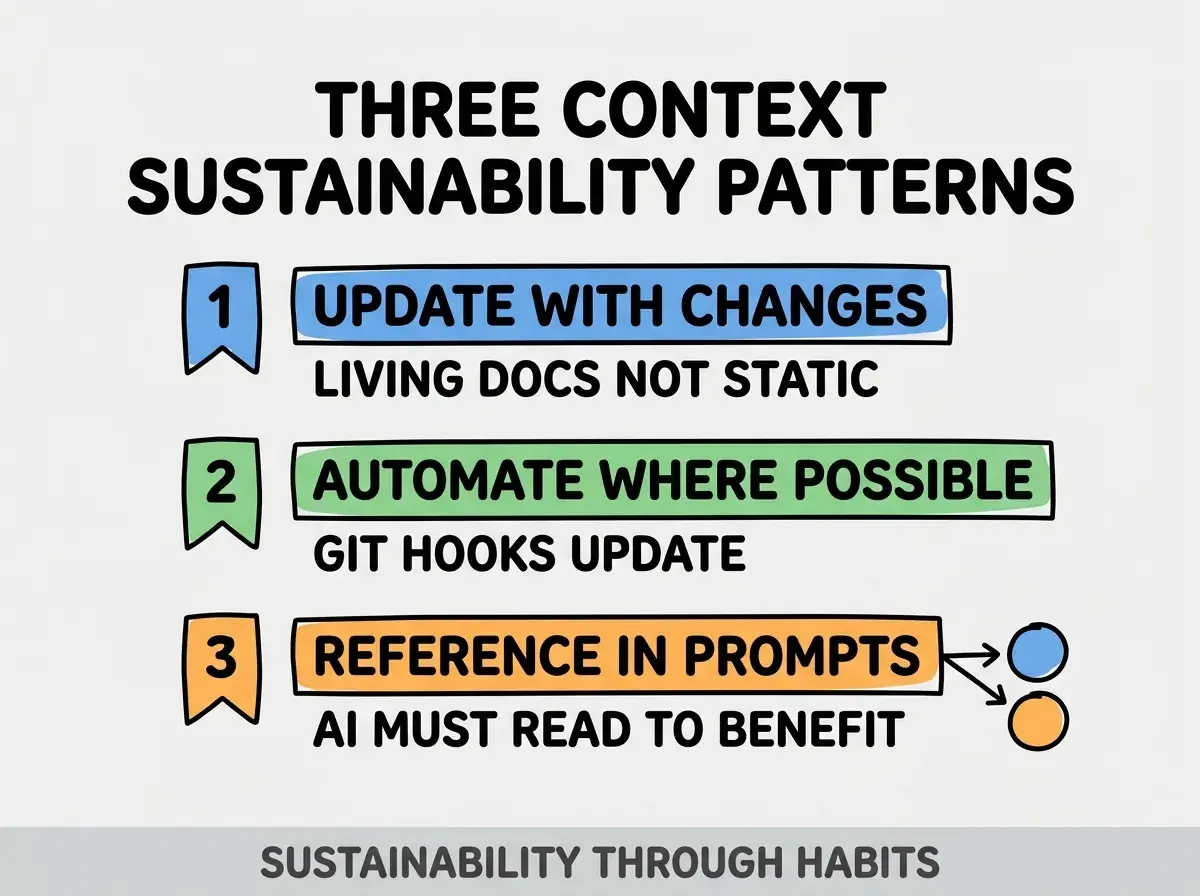 Clean modern flat infographic on light gray background. Top title bold black: THREE CONTEXT SUSTAINABILITY PATTERNS. Single vertical numbered list with three rows. Row 1 blue badge UPDATE WITH CHANGES with subtitle LIVING DOCS NOT STATIC. Row 2 green badge AUTOMATE WHERE POSSIBLE with subtitle GIT HOOKS UPDATE. Row 3 orange badge REFERENCE IN PROMPTS with subtitle AI MUST READ TO BENEFIT. Footer text dark gray: SUSTAINABILITY THROUGH HABITS. Each label appears exactly once. No duplicated text.