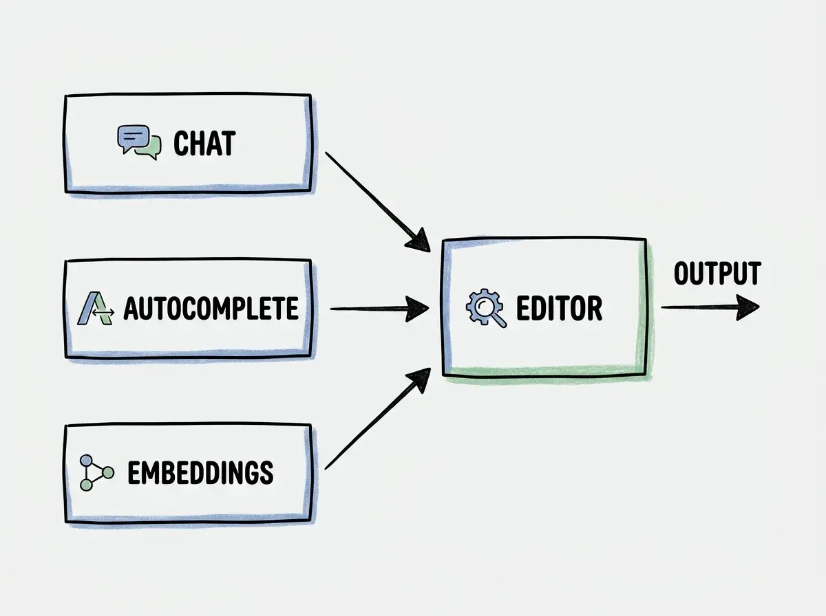 EXPLAINER DIAGRAM: Three boxes labeled Chat, Autocomplete, and Embeddings pointing to a central Editor component